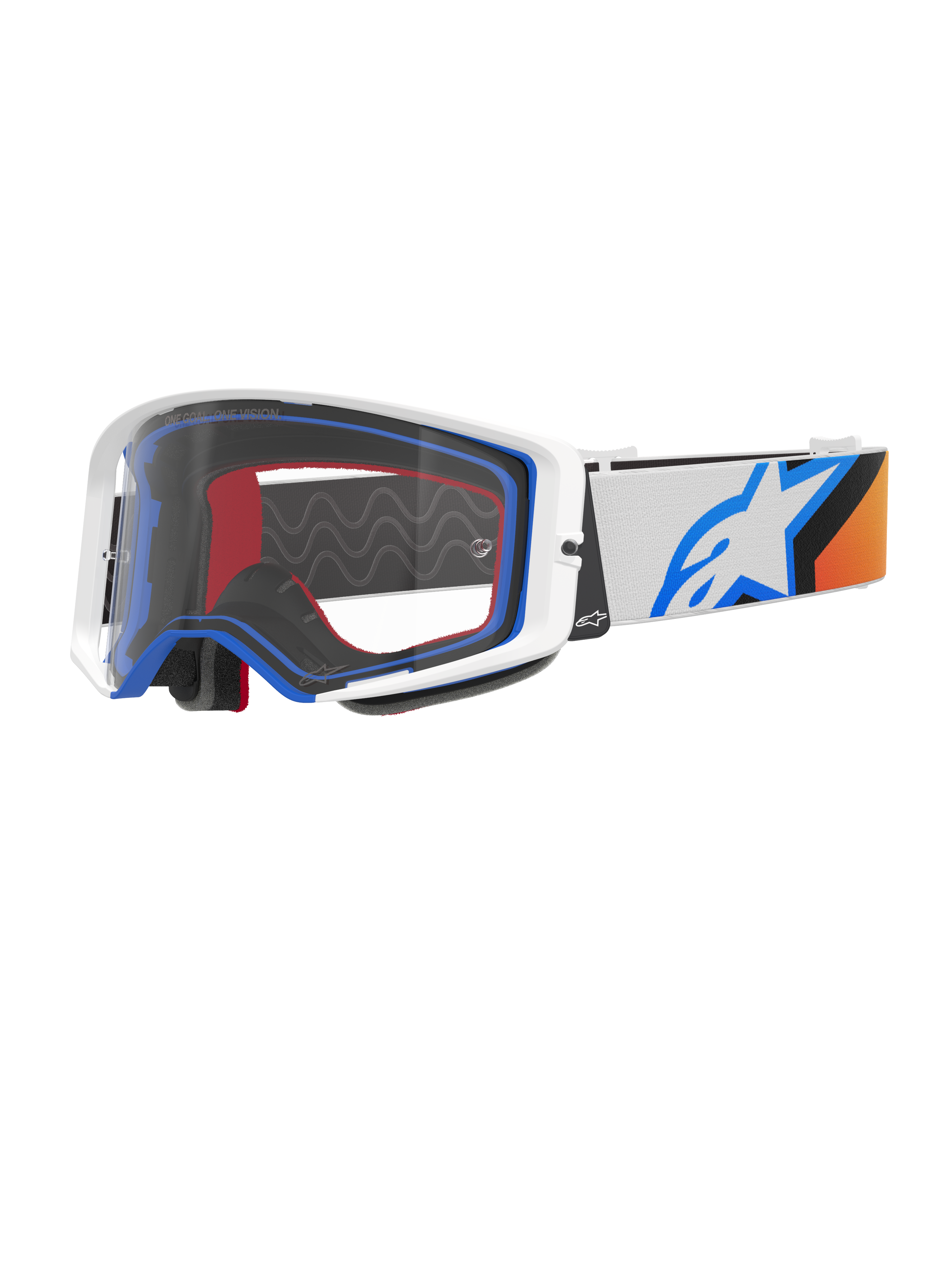 Alpinestars Supertech Corp Goggles, Motocross Goggles, Blue Orange and White, Clear lens with white frame and blue accents, wide strap with Alpinestars star logo and silicone grip, high-performance protective eyewear for off-road racing