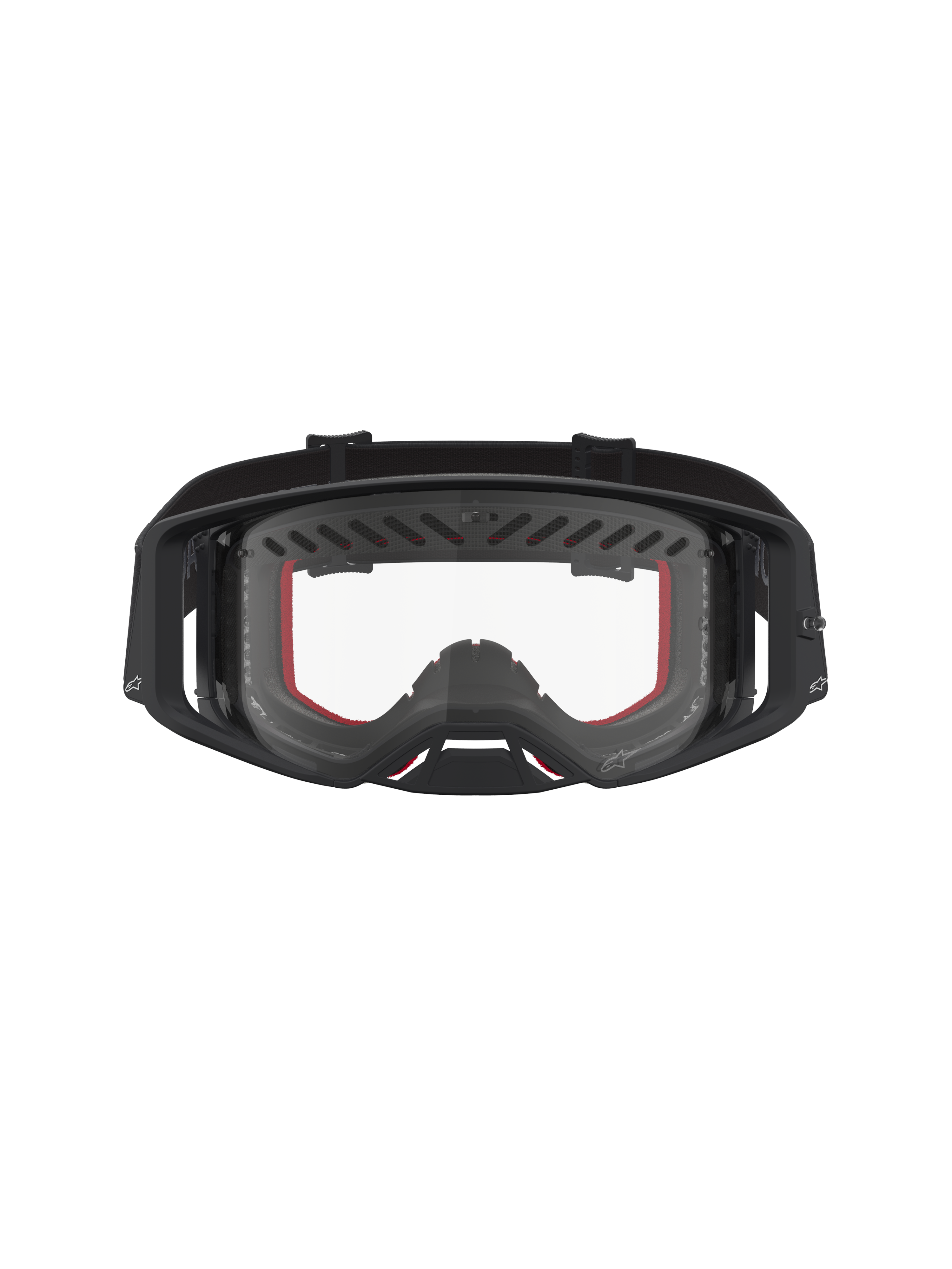 Alpinestars Supertech Dura Air Fluid Goggles, black and red motocross racing goggles with clear lens and ventilated frame.
