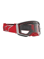 Alpinestars Supertech Dura Air Fluid, masque de motocross rouge et argenté, lentille transparente et ventilation avancée.