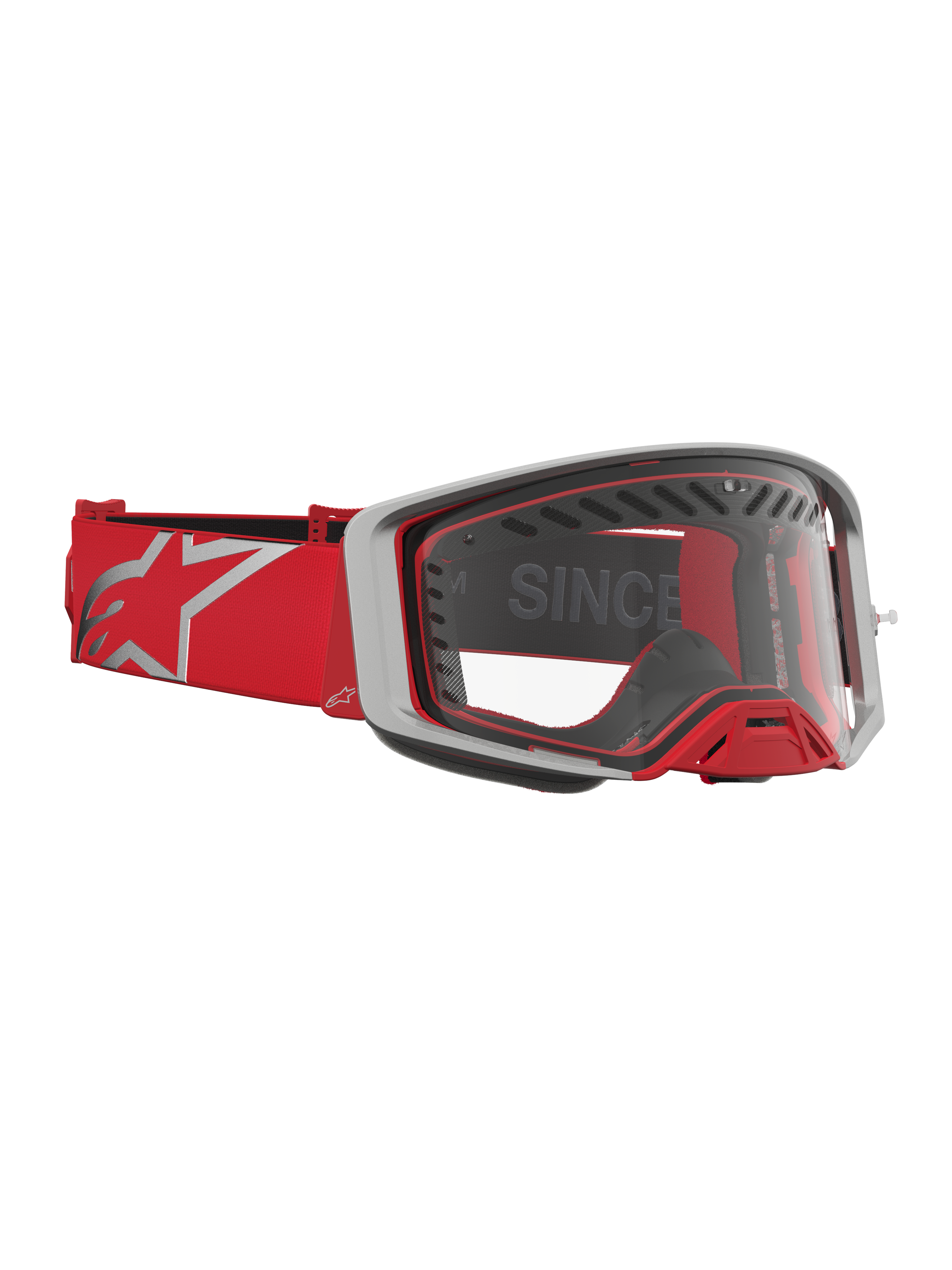 Alpinestars Supertech Dura Air Fluid, masque de motocross rouge et argenté, lentille transparente et ventilation avancée.
