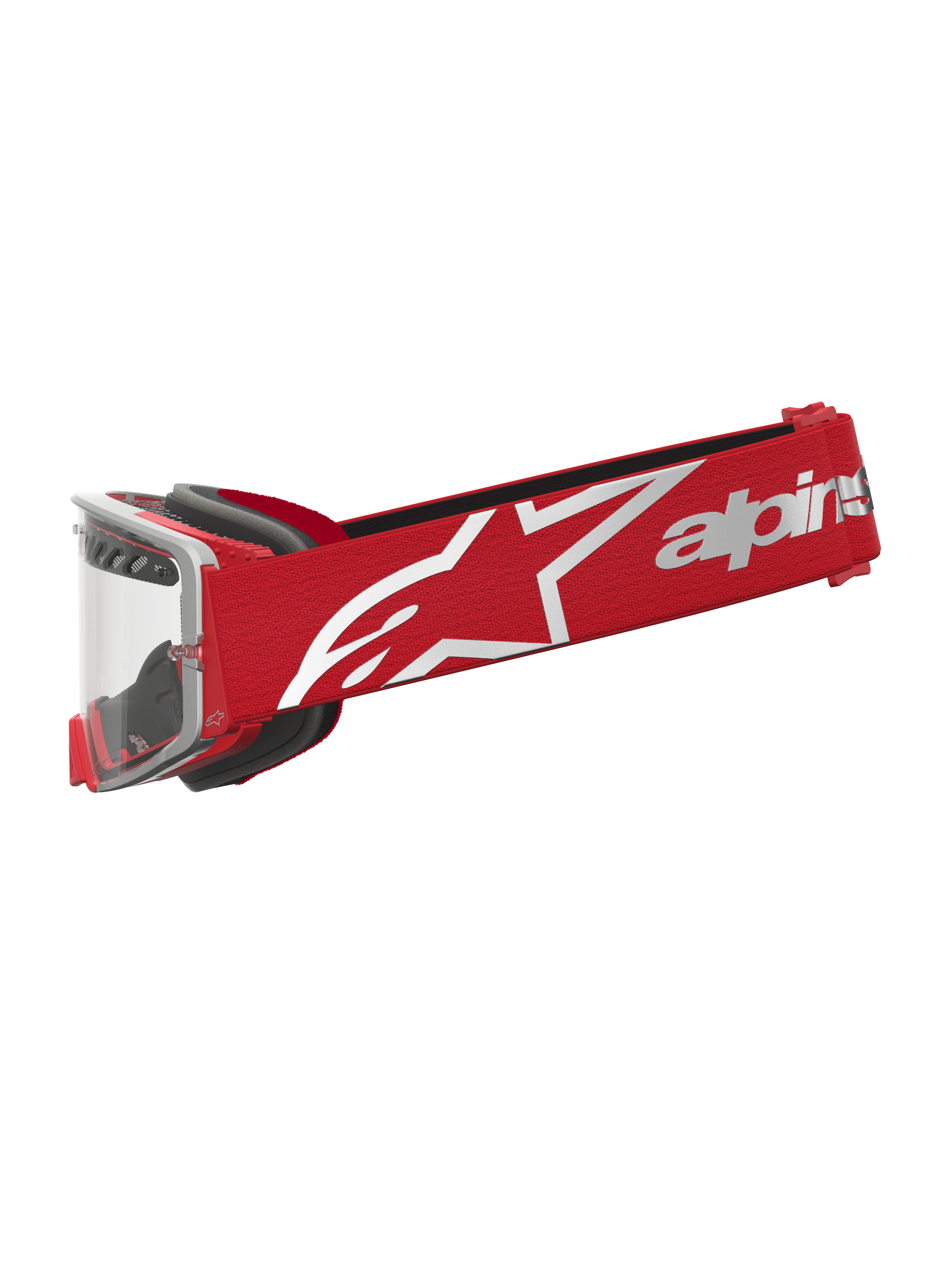 Alpinestars Supertech Dura Air Fluid, masque de motocross rouge et argenté, lentille claire et sangle à logo blanc