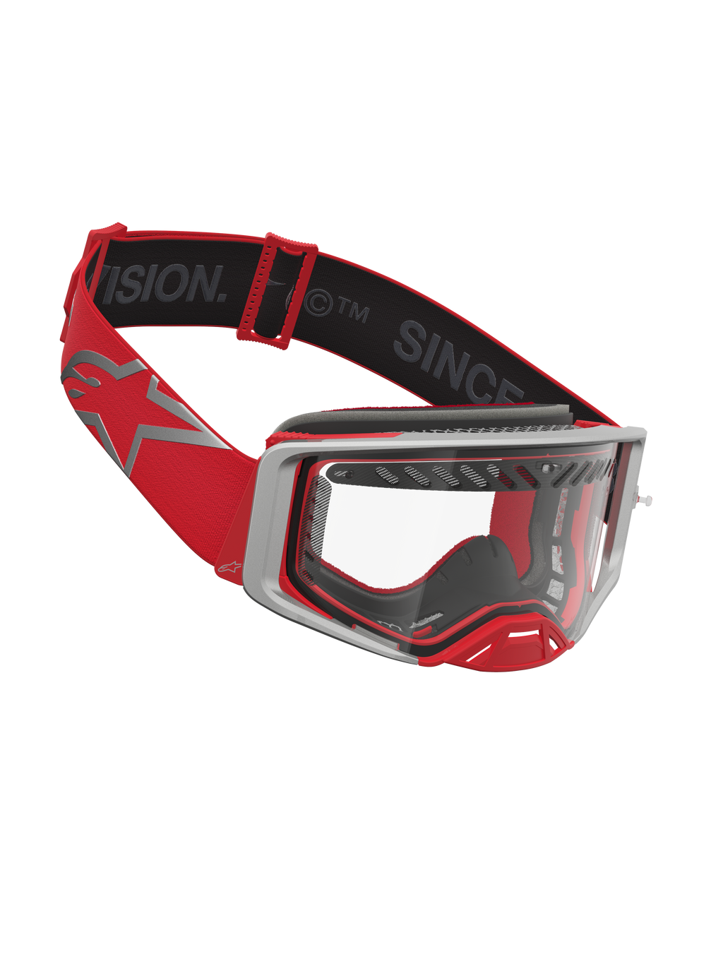 Masque Alpinestars Supertech Dura Air Fluid, masque de motocross rouge et argenté avec écran clair et cadre ventilé.