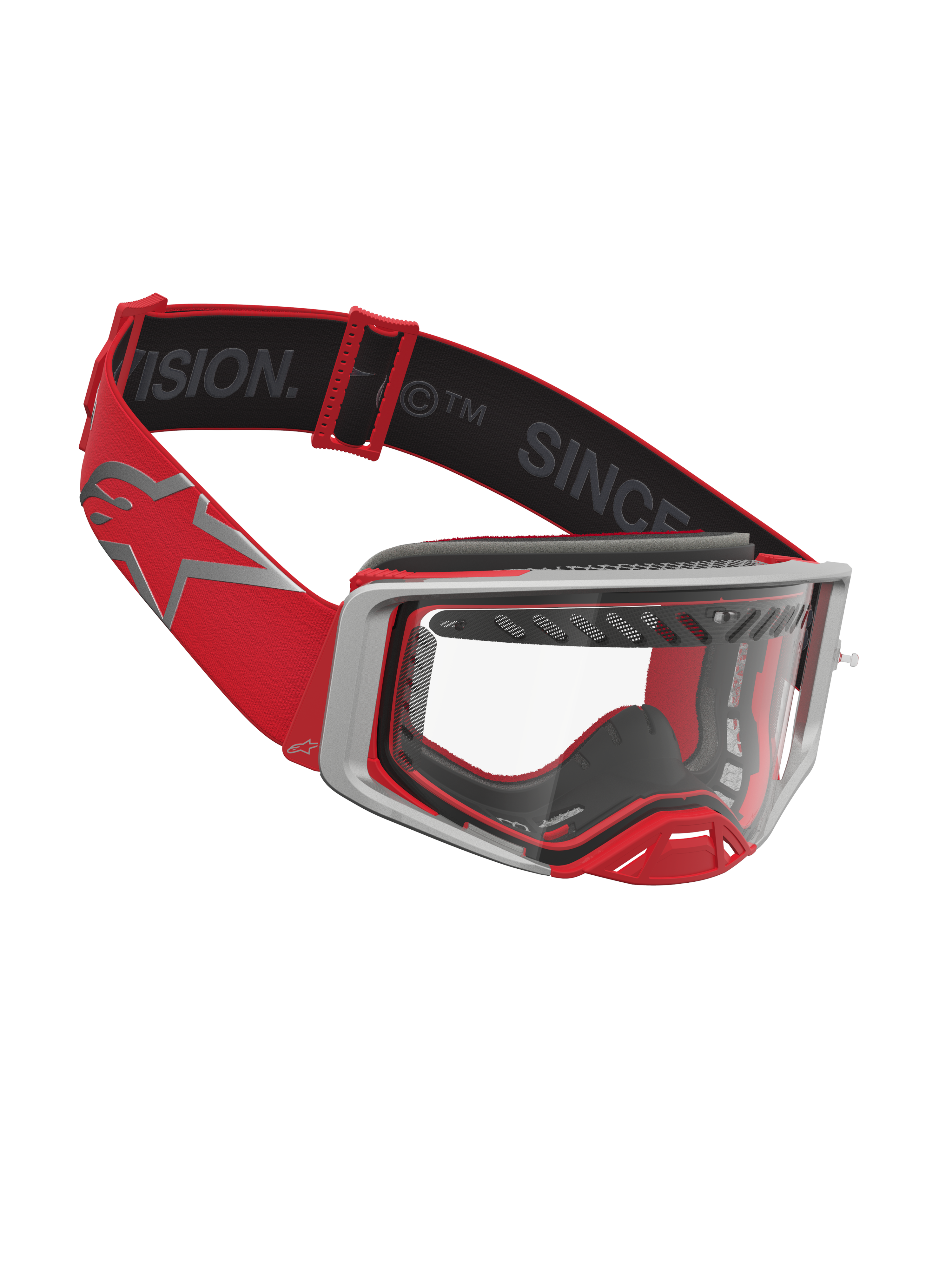 Masque Alpinestars Supertech Dura Air Fluid, masque de motocross rouge et argenté avec écran clair et cadre ventilé.