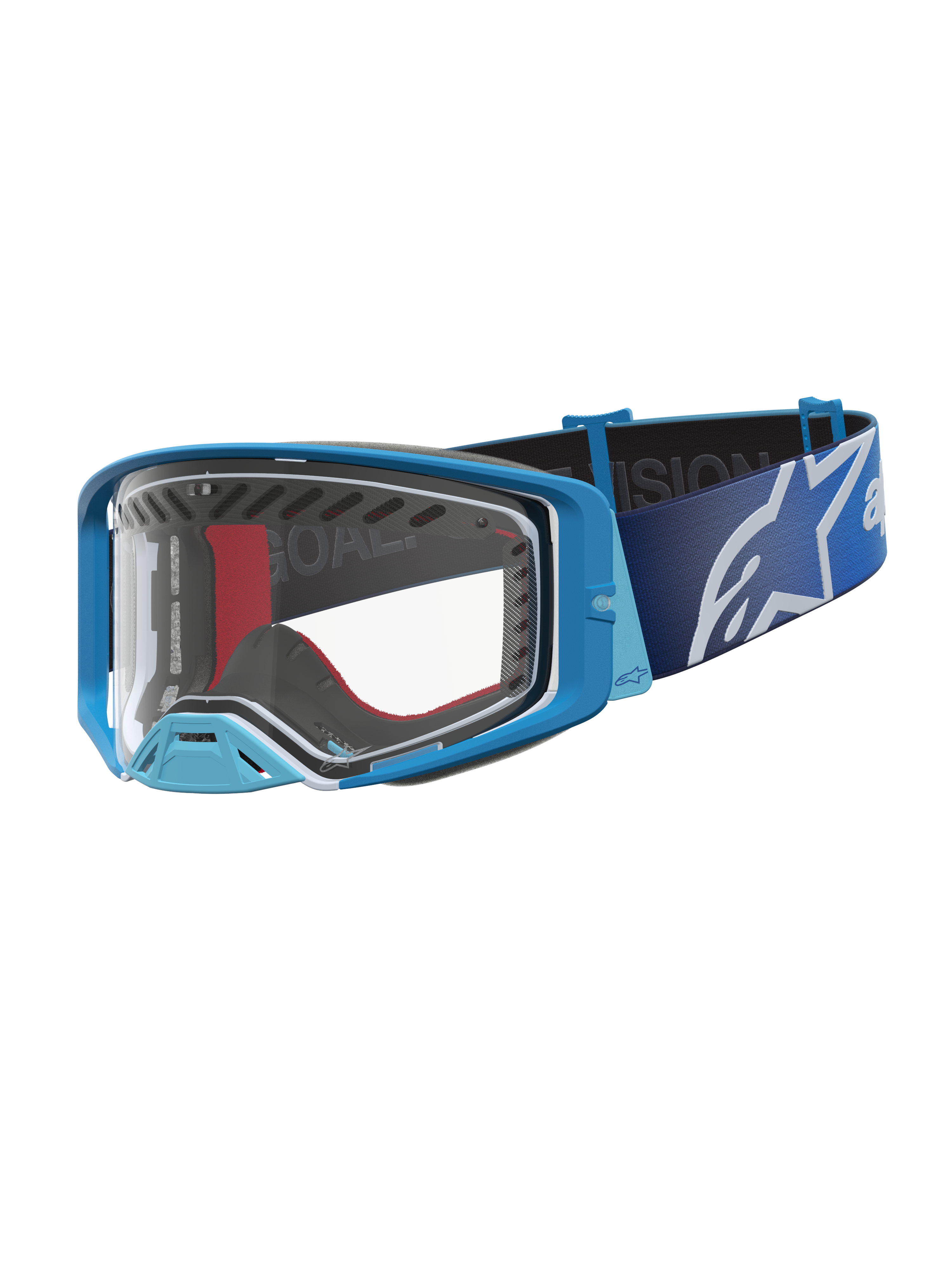 Alpinestars Supertech Dura Air Fluid Motocross Goggles in blue fade and silver with a clear lens for off-road racing.