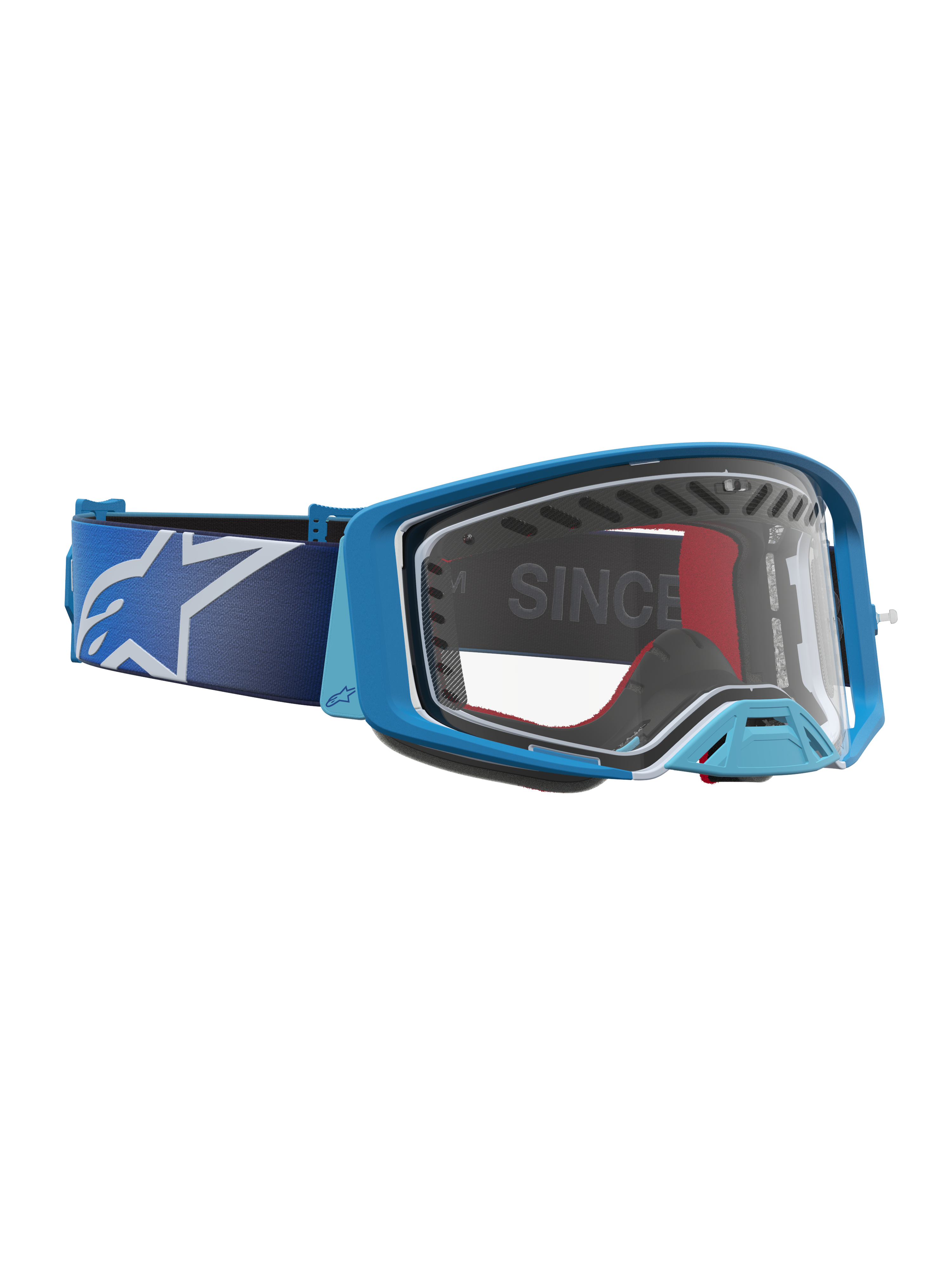 Alpinestars Masque Supertech Dura Air Fluid, masque de motocross tout-terrain, bleu dégradé et argenté, lentille claire, monture ventilée pour performance off-road