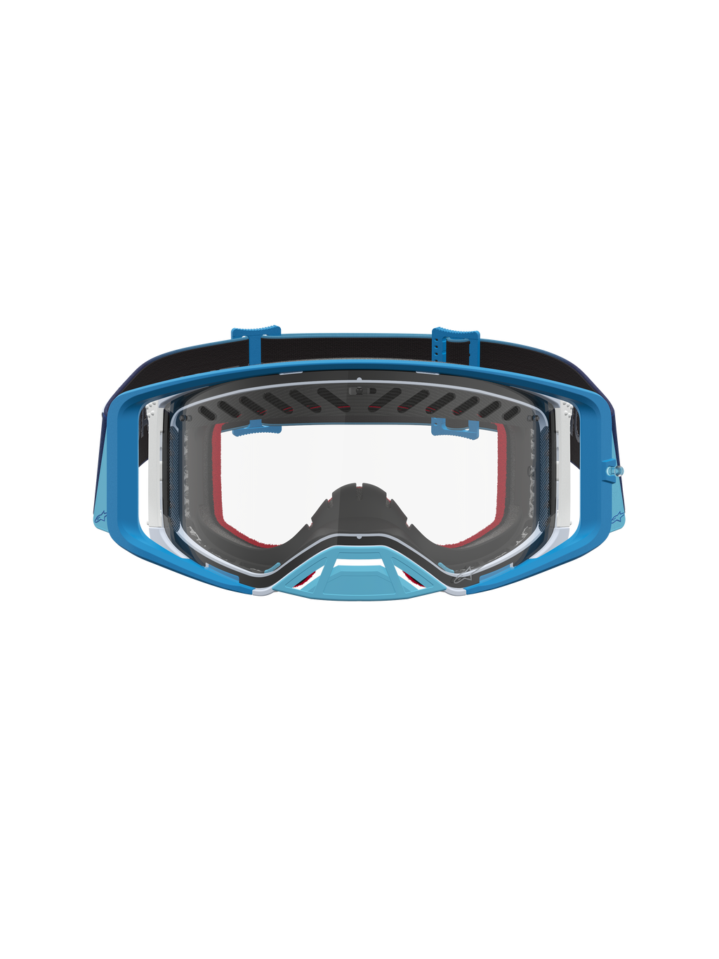 Alpinestars masque Supertech Dura Air Fluid pour motocross, bleu dégradé et gris, avec lentille transparente.