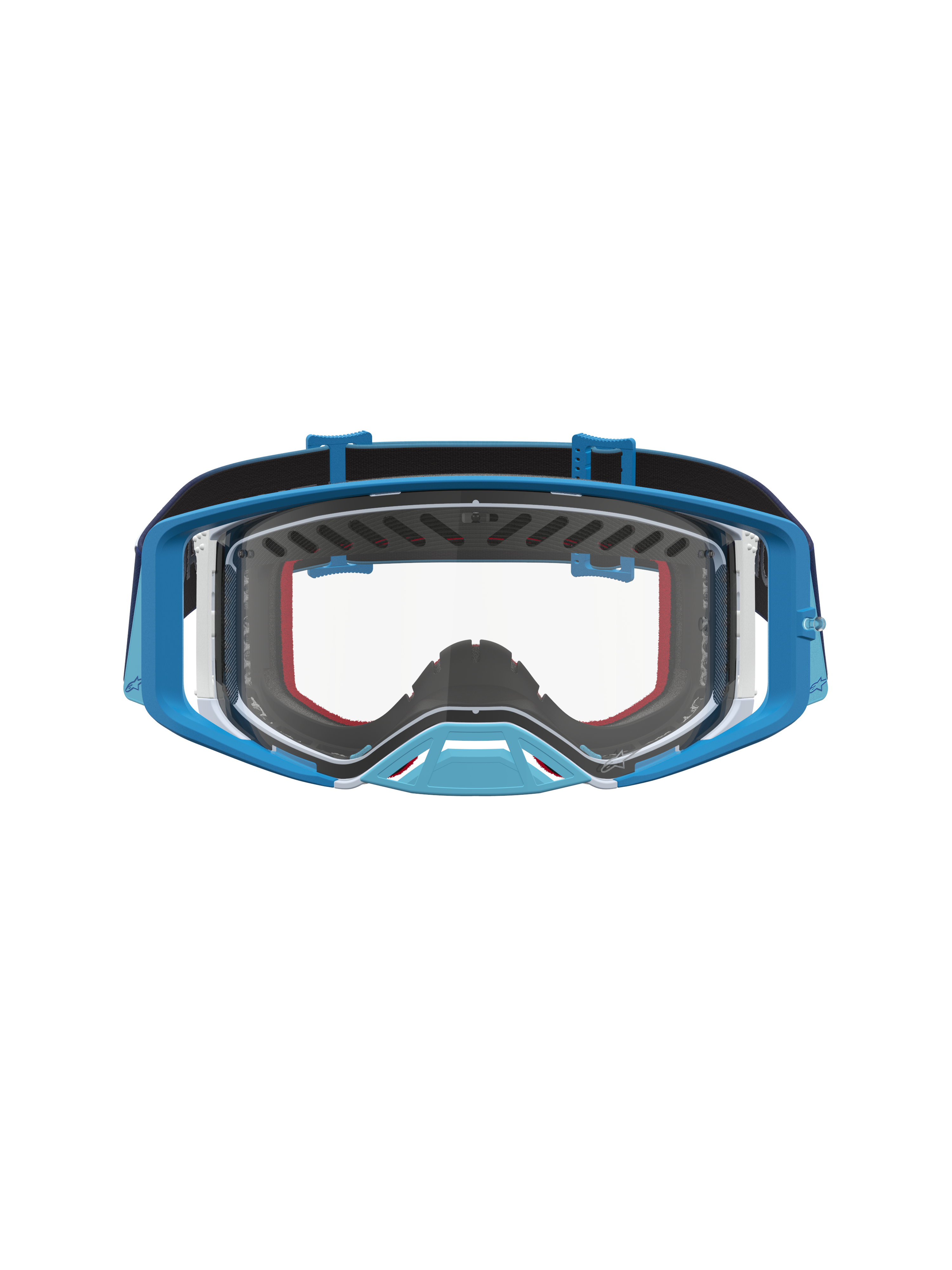 Alpinestars masque Supertech Dura Air Fluid pour motocross, bleu dégradé et gris, avec lentille transparente.