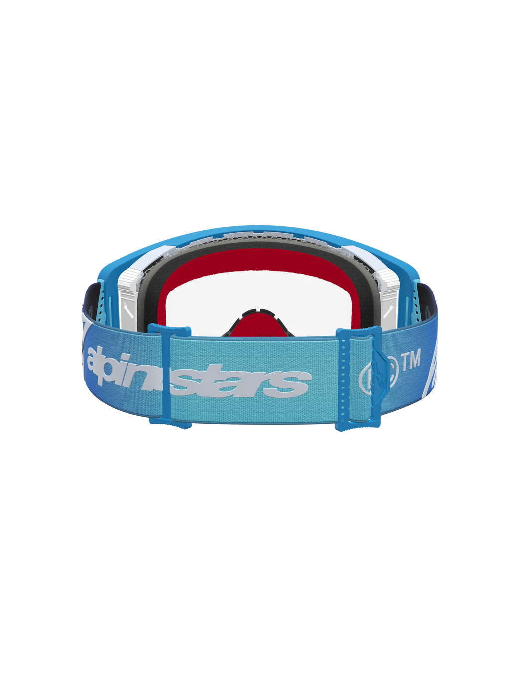 Alpinestars Supertech Dura Air Fluid, masque de motocross, bleu et argenté, écran clair, sangle réglable avec logo.