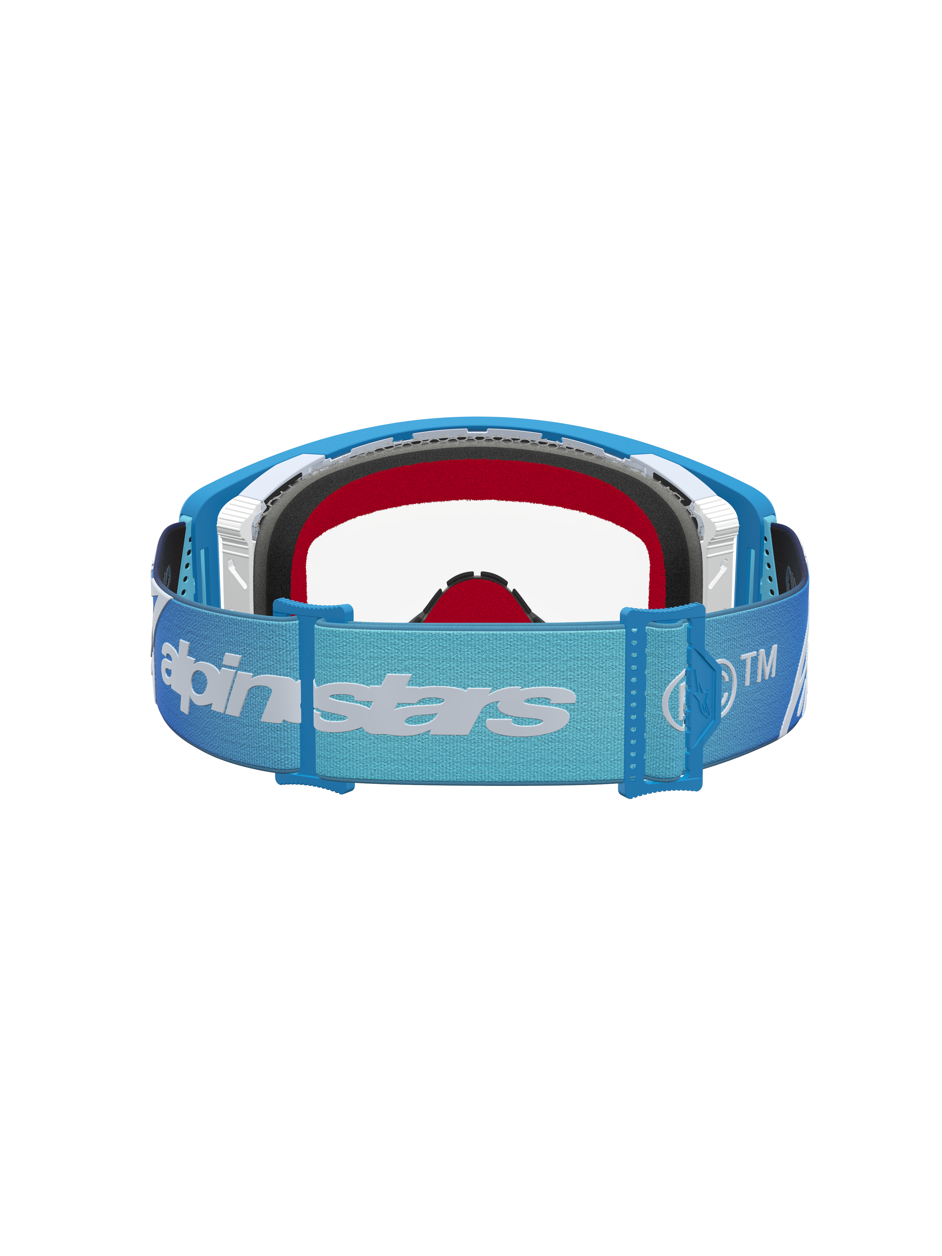 Alpinestars Supertech Dura Air Fluid, masque de motocross, bleu et argenté, écran clair, sangle réglable avec logo.