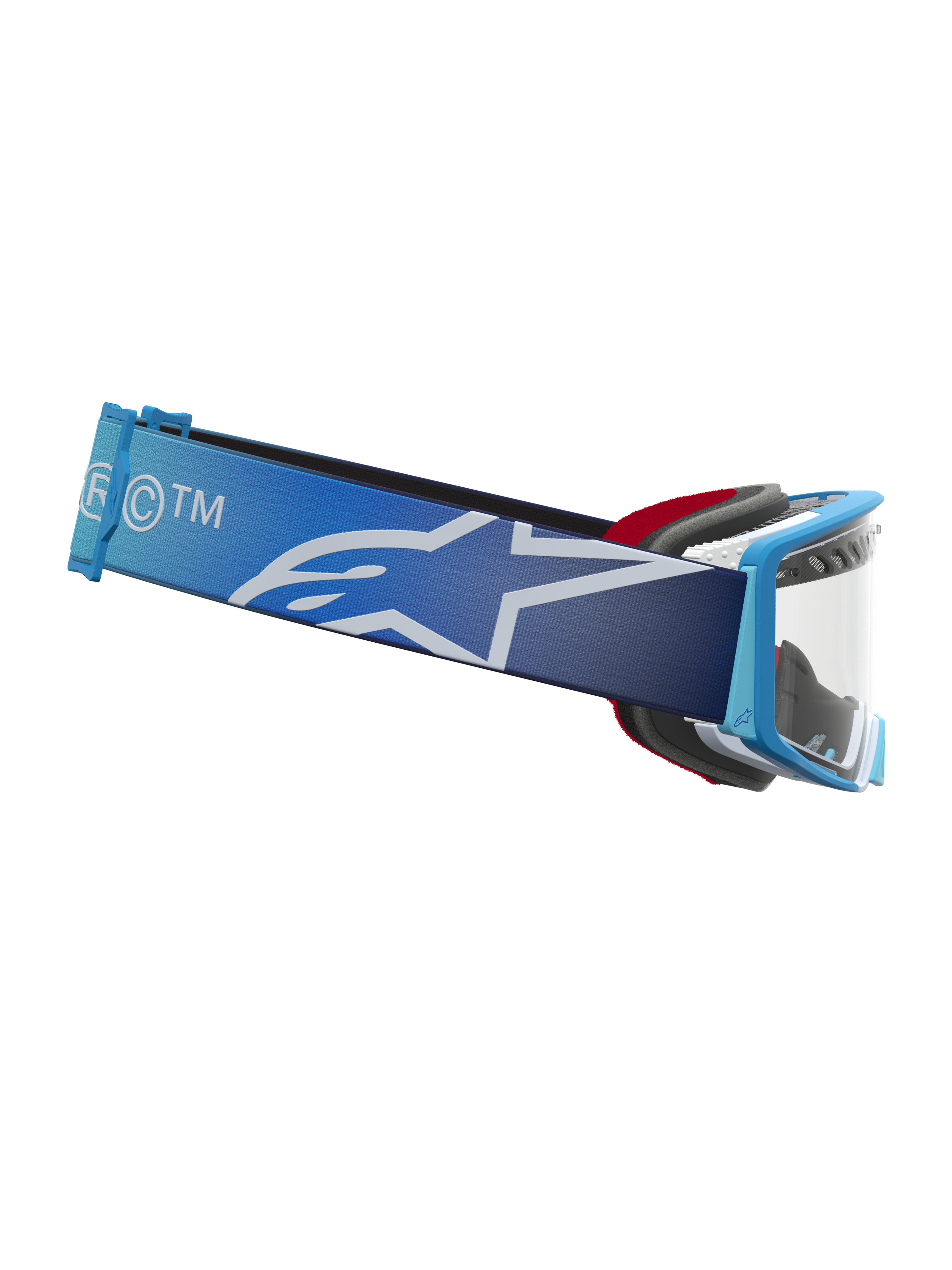 Masque Alpinestars Supertech Dura Air Fluid, masque de motocross avec lentille transparente, bleu dégradé et blanc, large bandeau avec logo étoile, équipement de protection off-road
