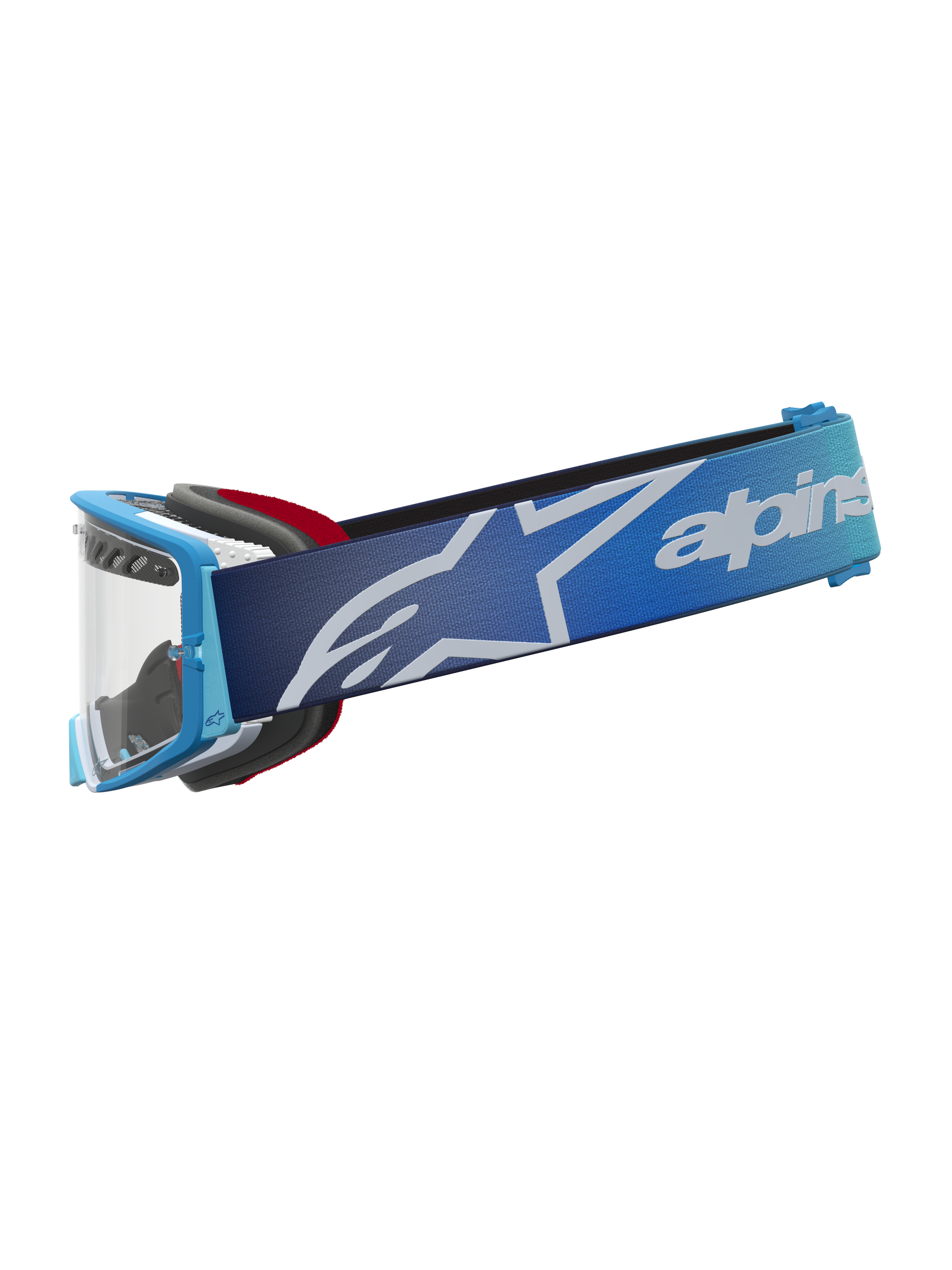 Alpinestars Masque Supertech Dura Air Fluid, masque de motocross bleu dégradé, lentille claire et sangle avec logo Astars.