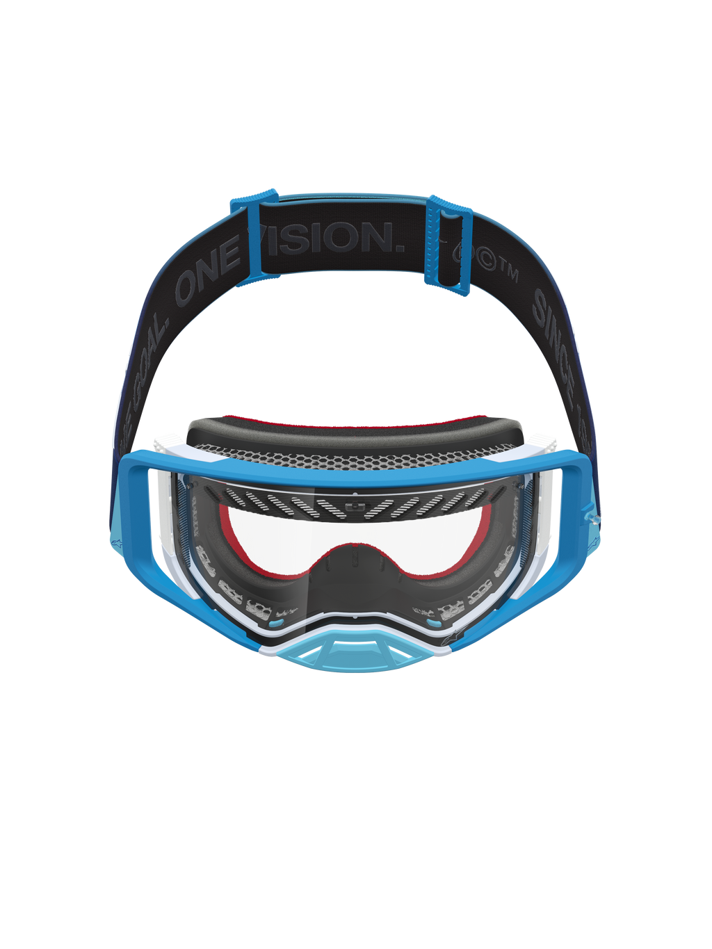 Alpinestars masque Supertech Dura Air Fluid, masque de motocross bleu et blanc avec écran clair et bandeau logotypé.
