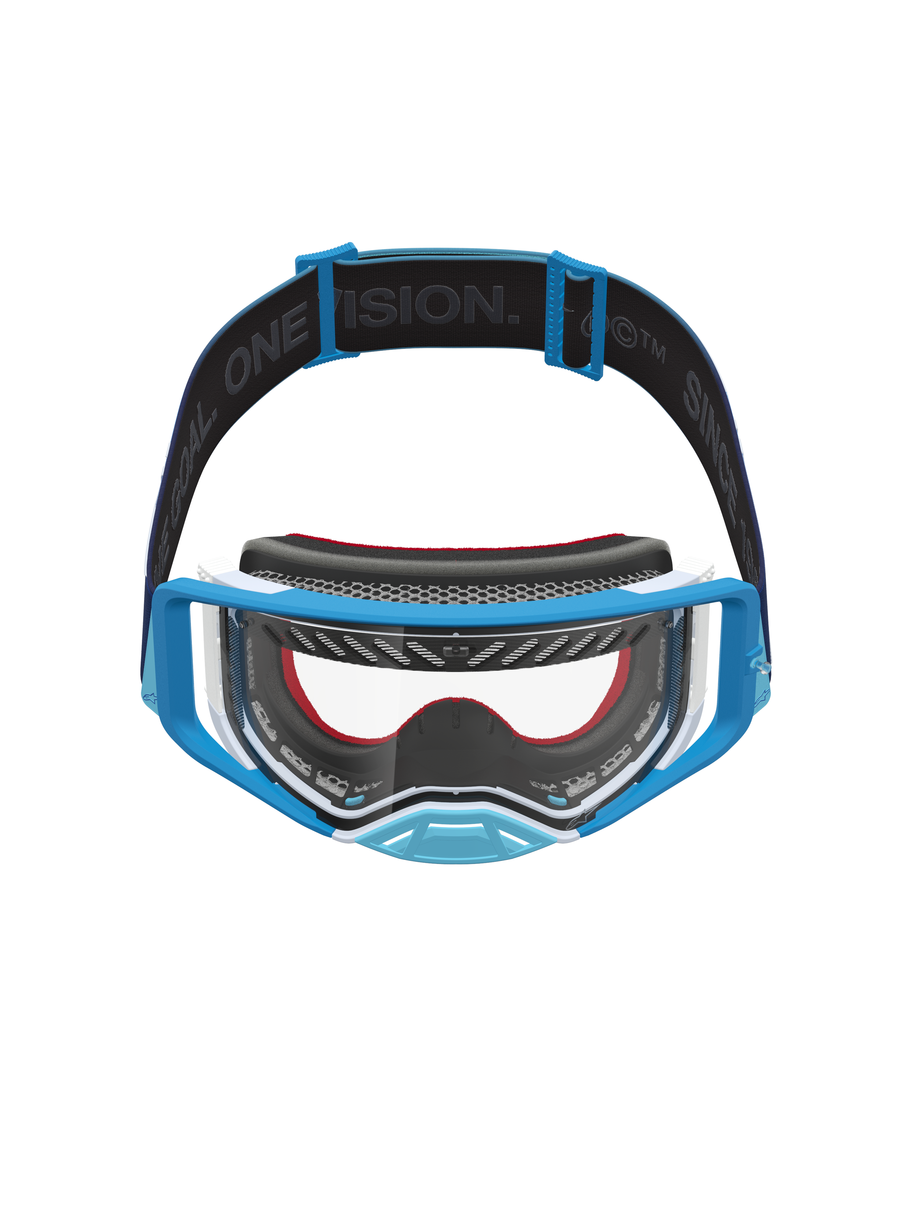 Alpinestars masque Supertech Dura Air Fluid, masque de motocross bleu et blanc avec écran clair et bandeau logotypé.