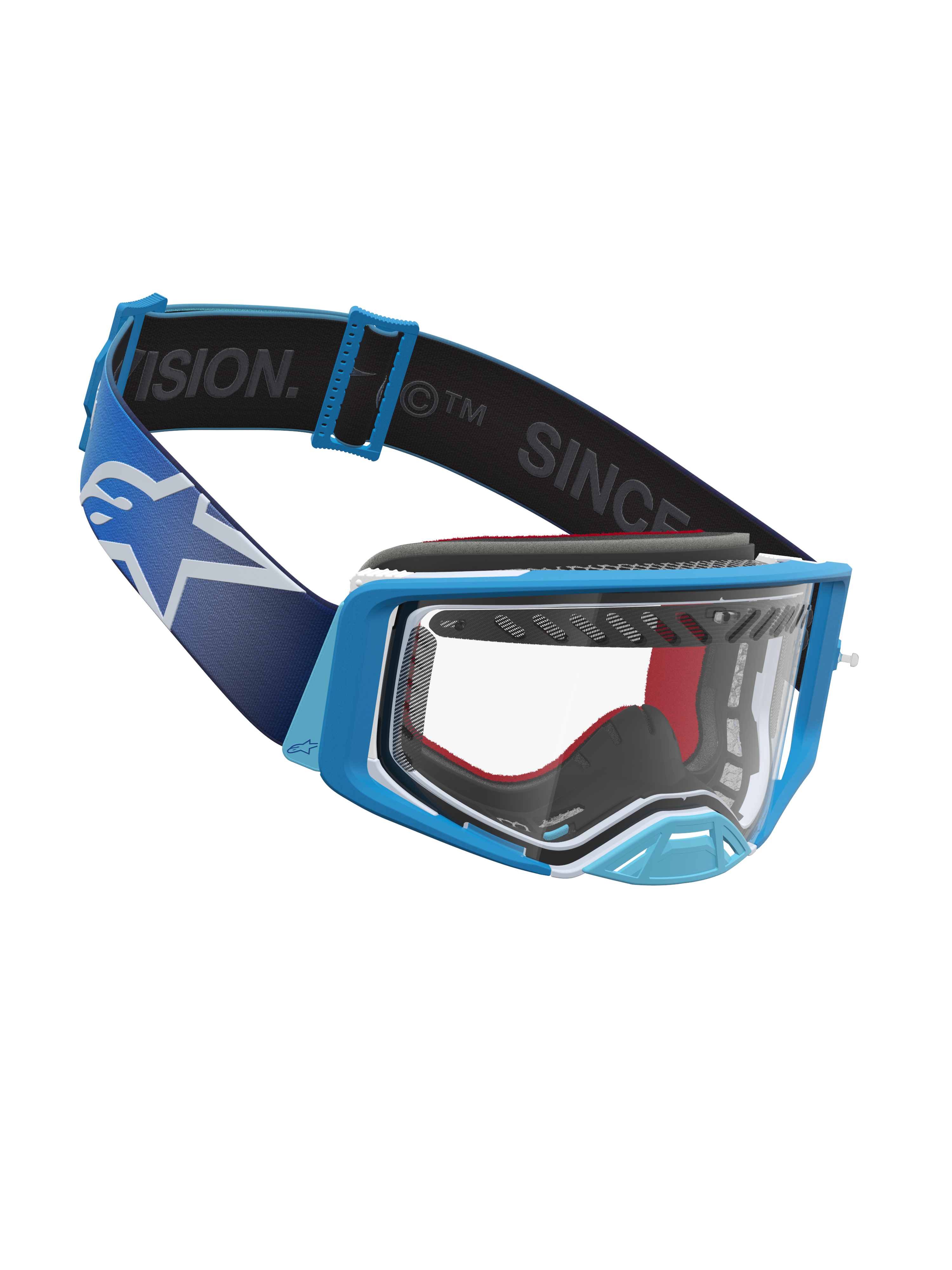 Alpinestars Masque Supertech Dura Air Fluid, masque de motocross pour la compétition, bleu et blanc, lentille transparente en polycarbonate, large sangle élastique avec logo