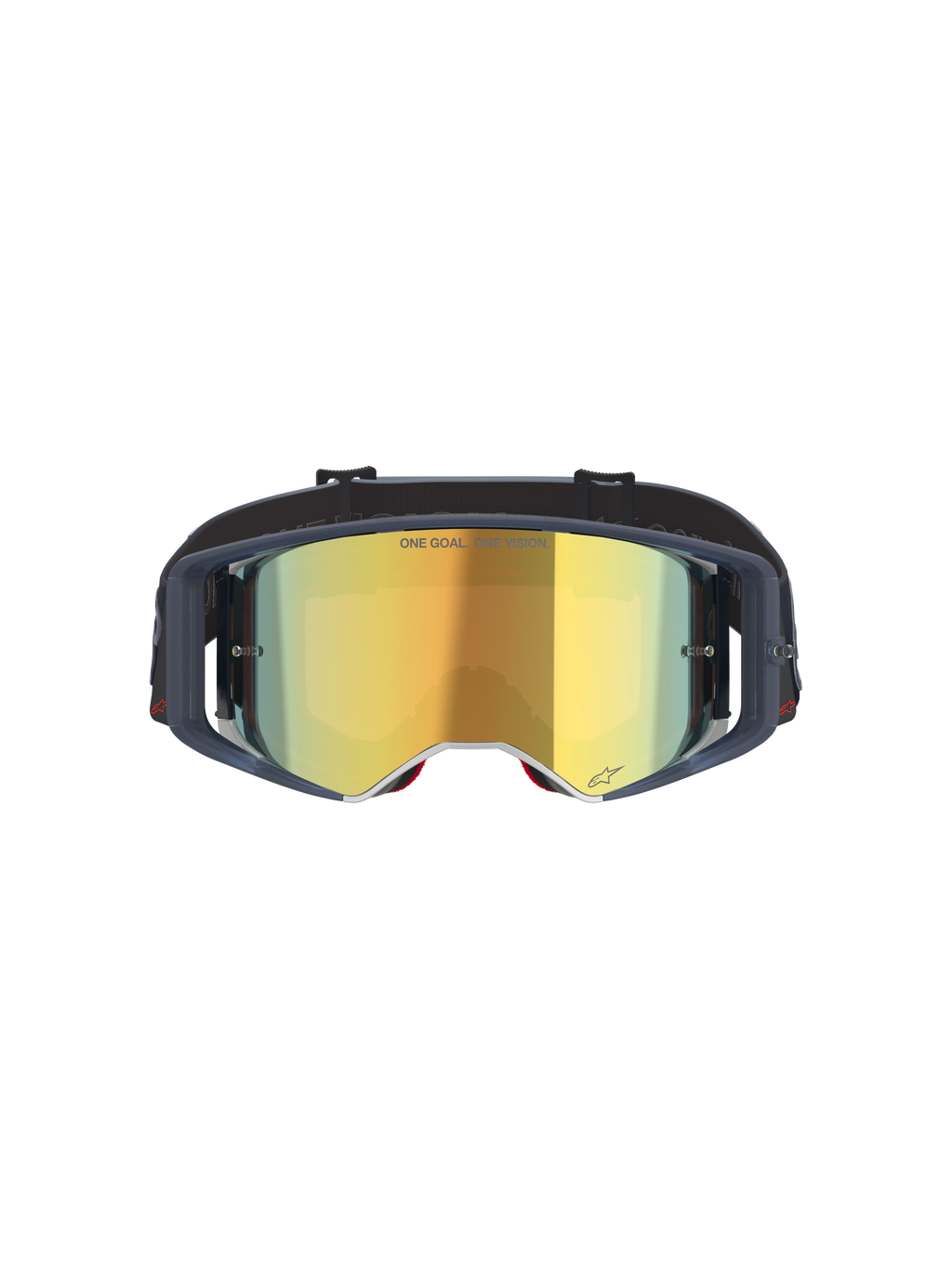 Masque Alpinestars Supertech Vision Vista, masque de motocross, Black Mirror Gold, vue de face avec écran miroir doré et monture sombre, lunettes de protection professionnelles pour le tout-terrain avec inscription « ONE GOAL. ONE VISION. » et détails du logo.