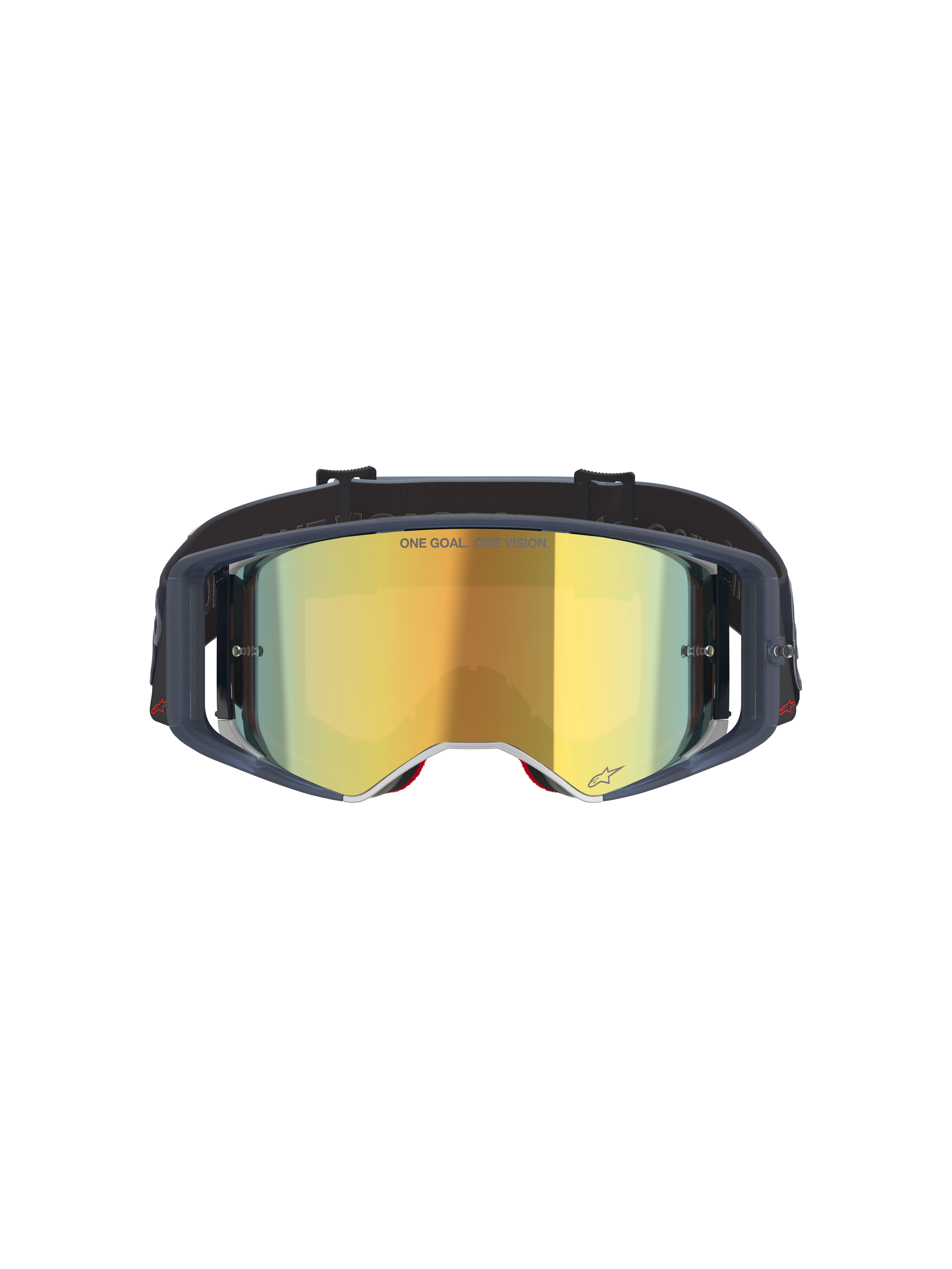 Masque Alpinestars Supertech Vision Vista, masque de motocross, Black Mirror Gold, vue de face avec écran miroir doré et monture sombre, lunettes de protection professionnelles pour le tout-terrain avec inscription « ONE GOAL. ONE VISION. » et détails du logo.
