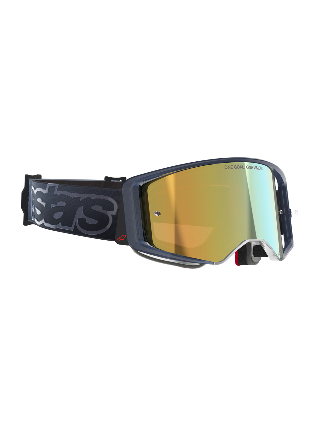 Masque Alpinestars Supertech Vision Vista, masque de motocross, noir et or miroir, écran miroir doré avec inscription 'ONE GOAL. ONE VISION.', monture sombre avec accent logo rouge, large bandeau noir avec marquage 'stars' gris, équipement tout-terrain haute performance