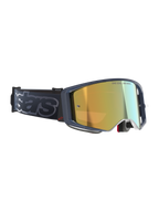 Masque Alpinestars Supertech Vision Vista, masque de motocross, noir et or miroir, écran miroir doré avec inscription 'ONE GOAL. ONE VISION.', monture sombre avec accent logo rouge, large bandeau noir avec marquage 'stars' gris, équipement tout-terrain haute performance