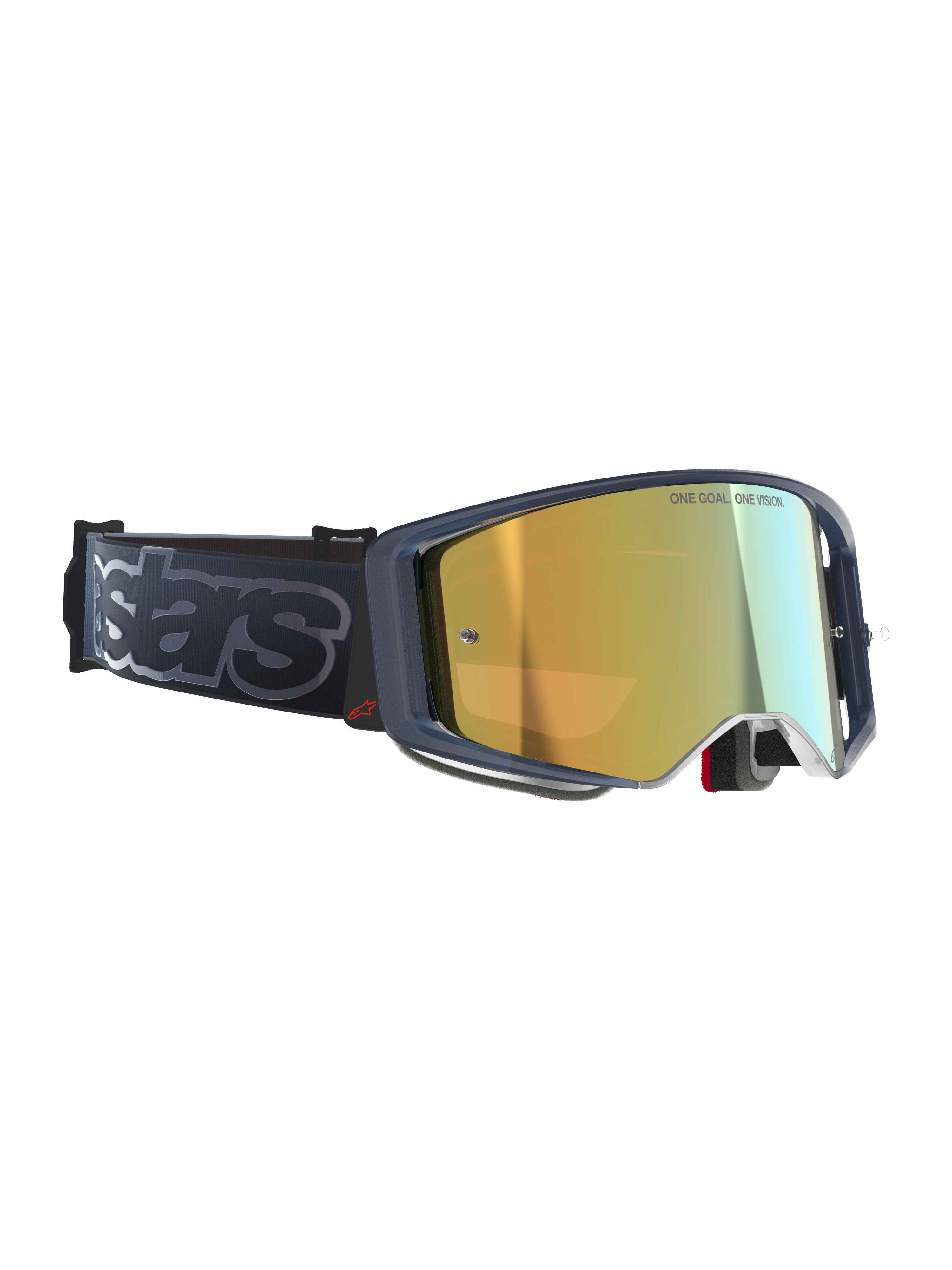 Masque Alpinestars Supertech Vision Vista, masque de motocross, noir et or miroir, écran miroir doré avec inscription 'ONE GOAL. ONE VISION.', monture sombre avec accent logo rouge, large bandeau noir avec marquage 'stars' gris, équipement tout-terrain haute performance