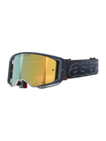 Masque Alpinestars Supertech Vision Vista, lunettes de motocross MX, coloris Black Mirror Gold, monture translucide foncée, écran à effet miroir doré avec l'inscription « ONE GOAL. ONE VISION. », bandeau noir avec large marquage « astars » gris embossé