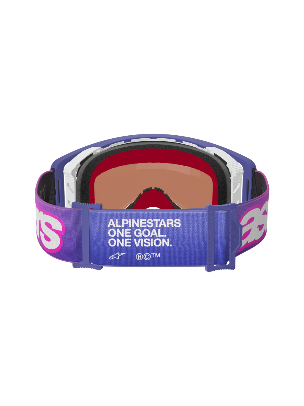 Masque Alpinestars Supertech Vision Vista, Violet Rose Fluo Bleu Miroir, vue arrière montrant le bandeau élastique avec le texte blanc « ALPINESTARS ONE GOAL. ONE VISION. », logos Astar roses, monture violette avec rembourrage en mousse épaisse, lunettes de course tout-terrain professionnelles
