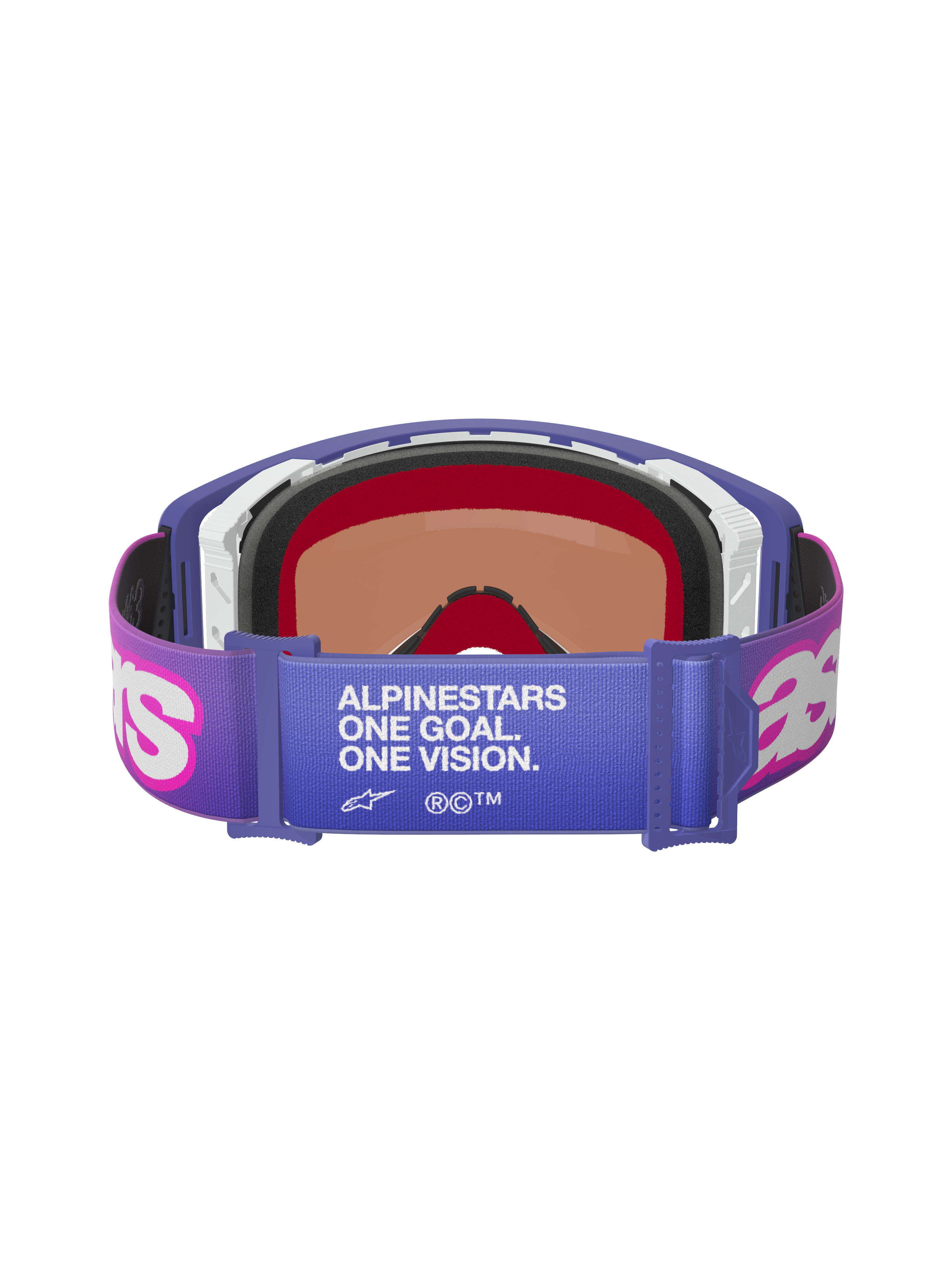 Masque Alpinestars Supertech Vision Vista, Violet Rose Fluo Bleu Miroir, vue arrière montrant le bandeau élastique avec le texte blanc « ALPINESTARS ONE GOAL. ONE VISION. », logos Astar roses, monture violette avec rembourrage en mousse épaisse, lunettes de course tout-terrain professionnelles