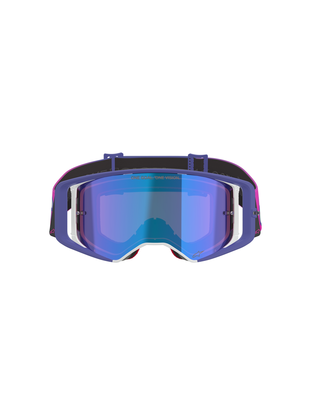 Masque Alpinestars Supertech Vision Vista, masque de motocross, violet, rose fluo et bleu miroir, vue de face avec écran teinté bleu miroir, monture violette avec accents blancs et bandeau rose vif et noir avec marquage Alpinestars.