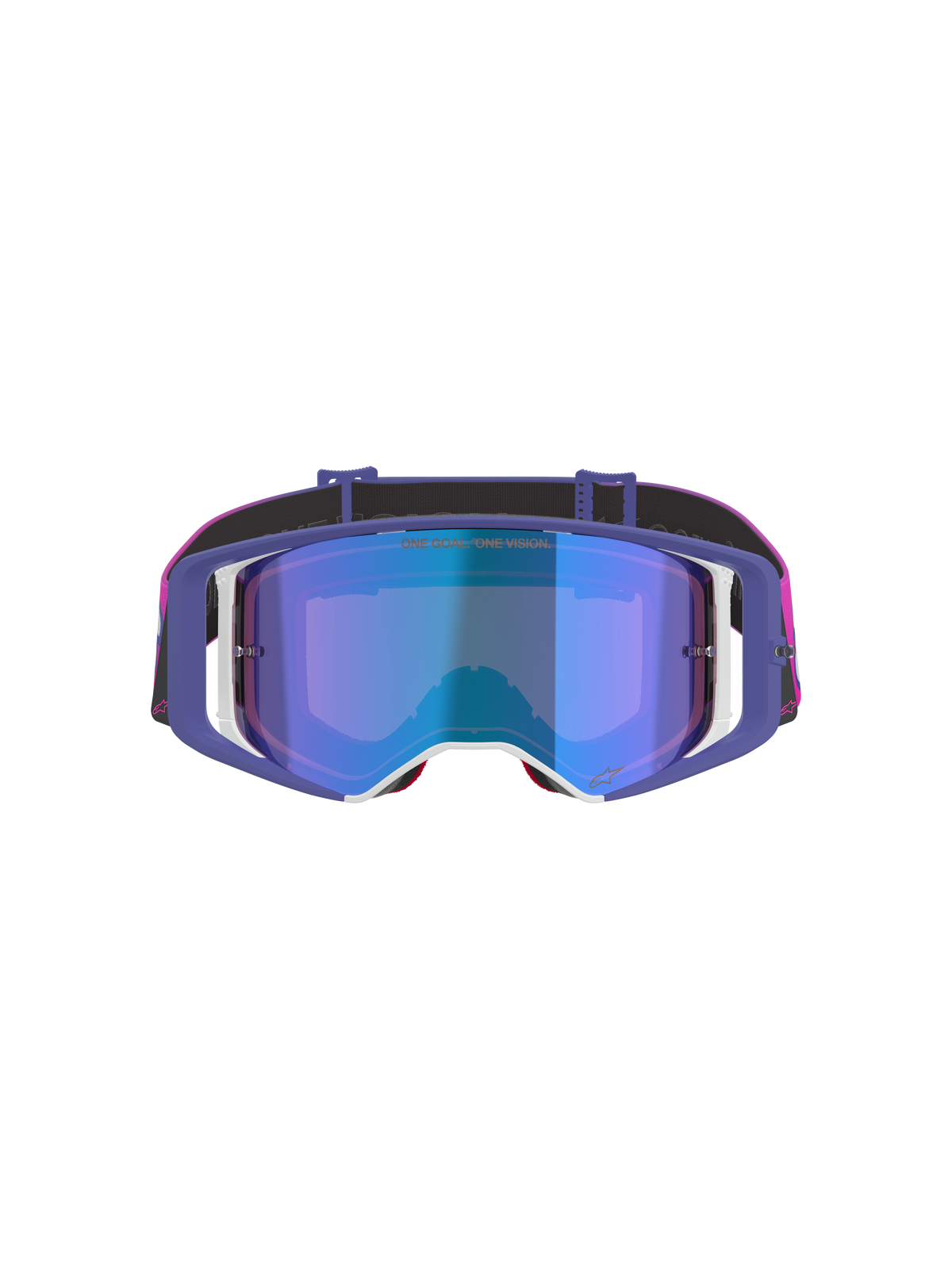 Masque Alpinestars Supertech Vision Vista, masque de motocross, violet, rose fluo et bleu miroir, vue de face avec écran teinté bleu miroir, monture violette avec accents blancs et bandeau rose vif et noir avec marquage Alpinestars.