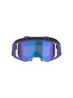 Masque Alpinestars Supertech Vision Vista, masque de motocross, violet, rose fluo et bleu miroir, vue de face avec écran teinté bleu miroir, monture violette avec accents blancs et bandeau rose vif et noir avec marquage Alpinestars.