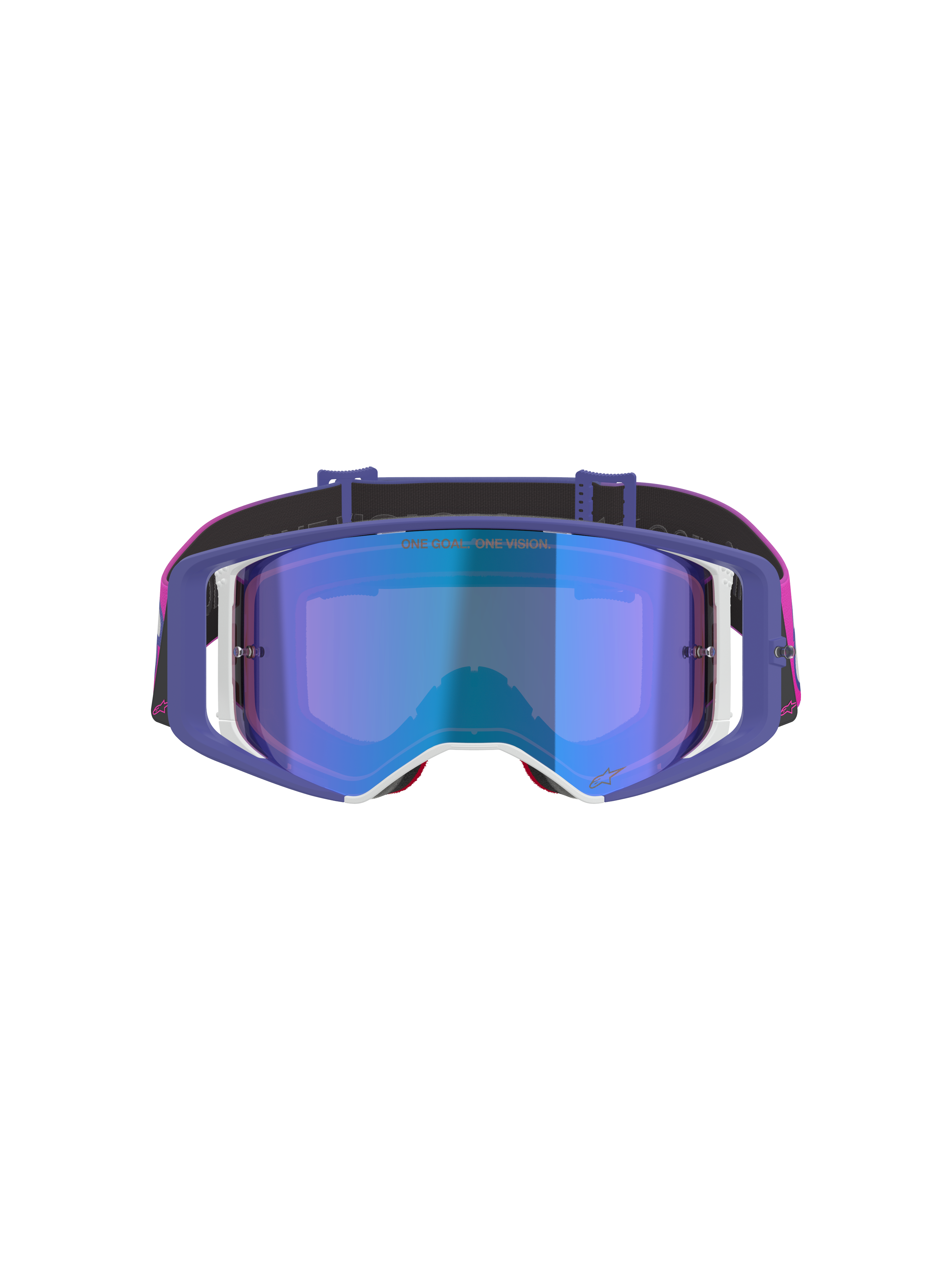 Masque Alpinestars Supertech Vision Vista, masque de motocross, violet, rose fluo et bleu miroir, vue de face avec écran teinté bleu miroir, monture violette avec accents blancs et bandeau rose vif et noir avec marquage Alpinestars.