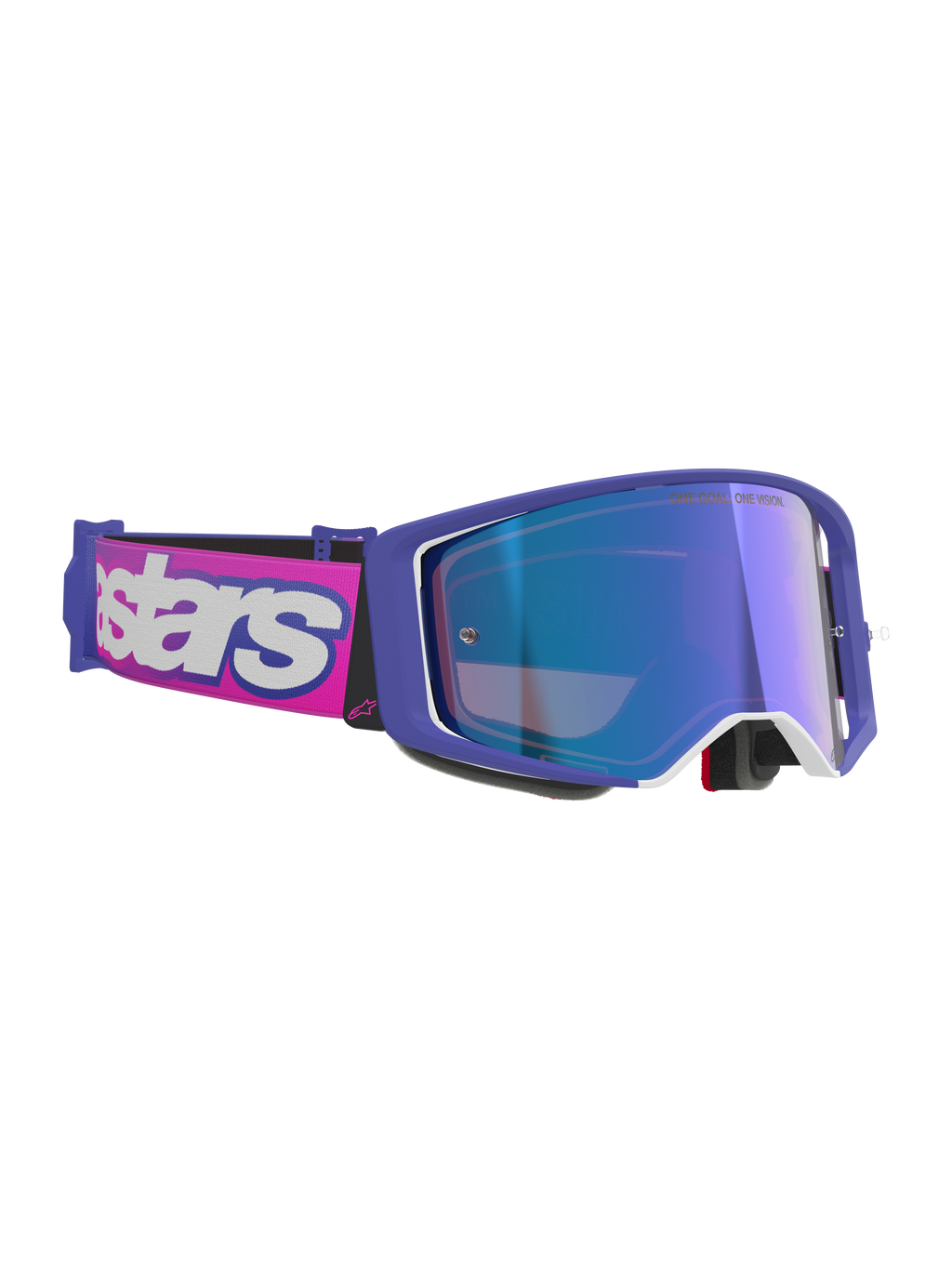Masque Alpinestars Supertech Vision Vista, masque de motocross, monture violette et rose fluo avec écran réfléchissant bleu miroir, bandeau rose avec logo Alpinestars blanc, lunettes tout-terrain professionnelles