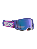 Masque Alpinestars Supertech Vision Vista, masque de motocross, monture violette et rose fluo avec écran réfléchissant bleu miroir, bandeau rose avec logo Alpinestars blanc, lunettes tout-terrain professionnelles