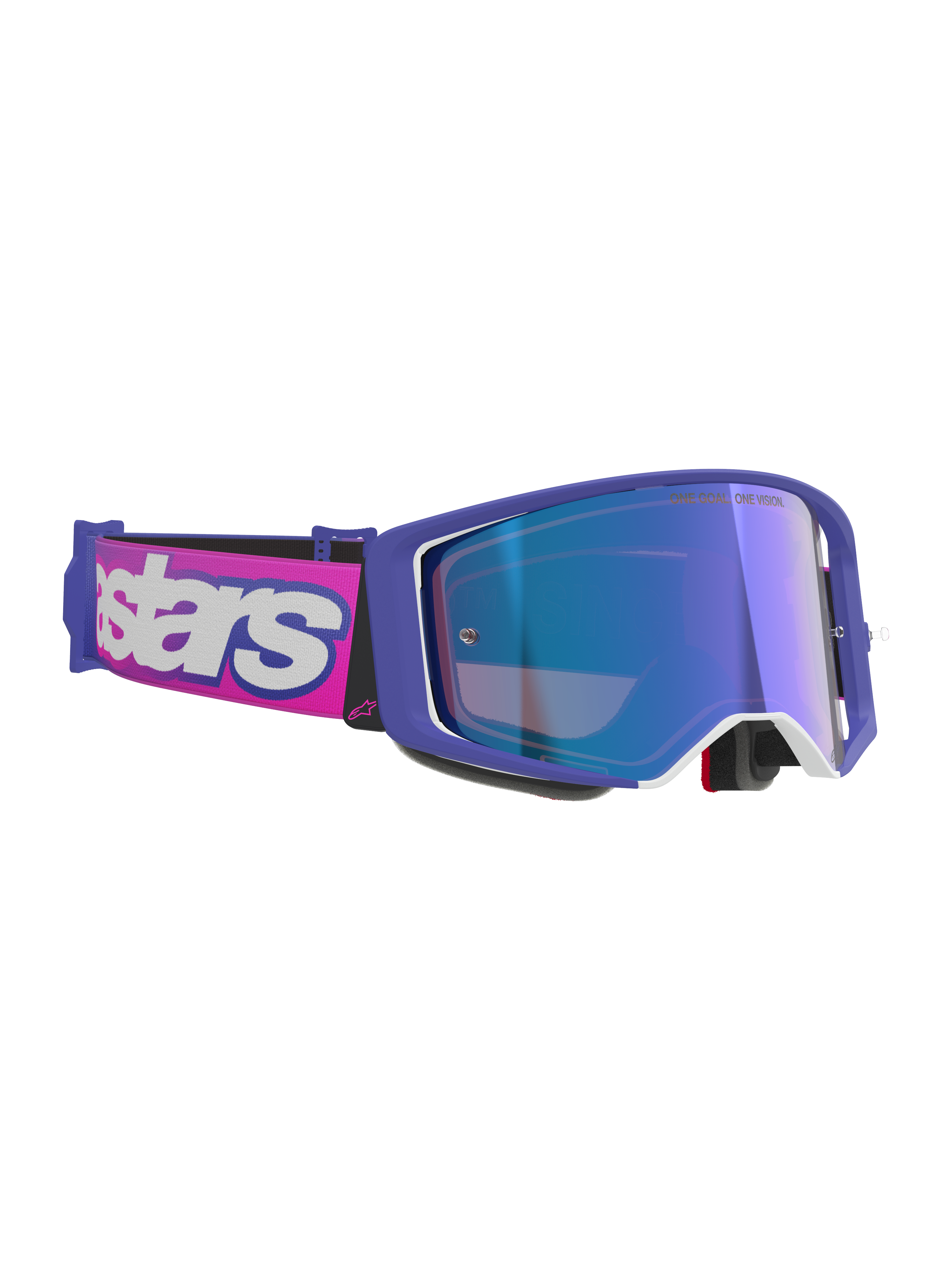 Masque Alpinestars Supertech Vision Vista, masque de motocross, monture violette et rose fluo avec écran réfléchissant bleu miroir, bandeau rose avec logo Alpinestars blanc, lunettes tout-terrain professionnelles