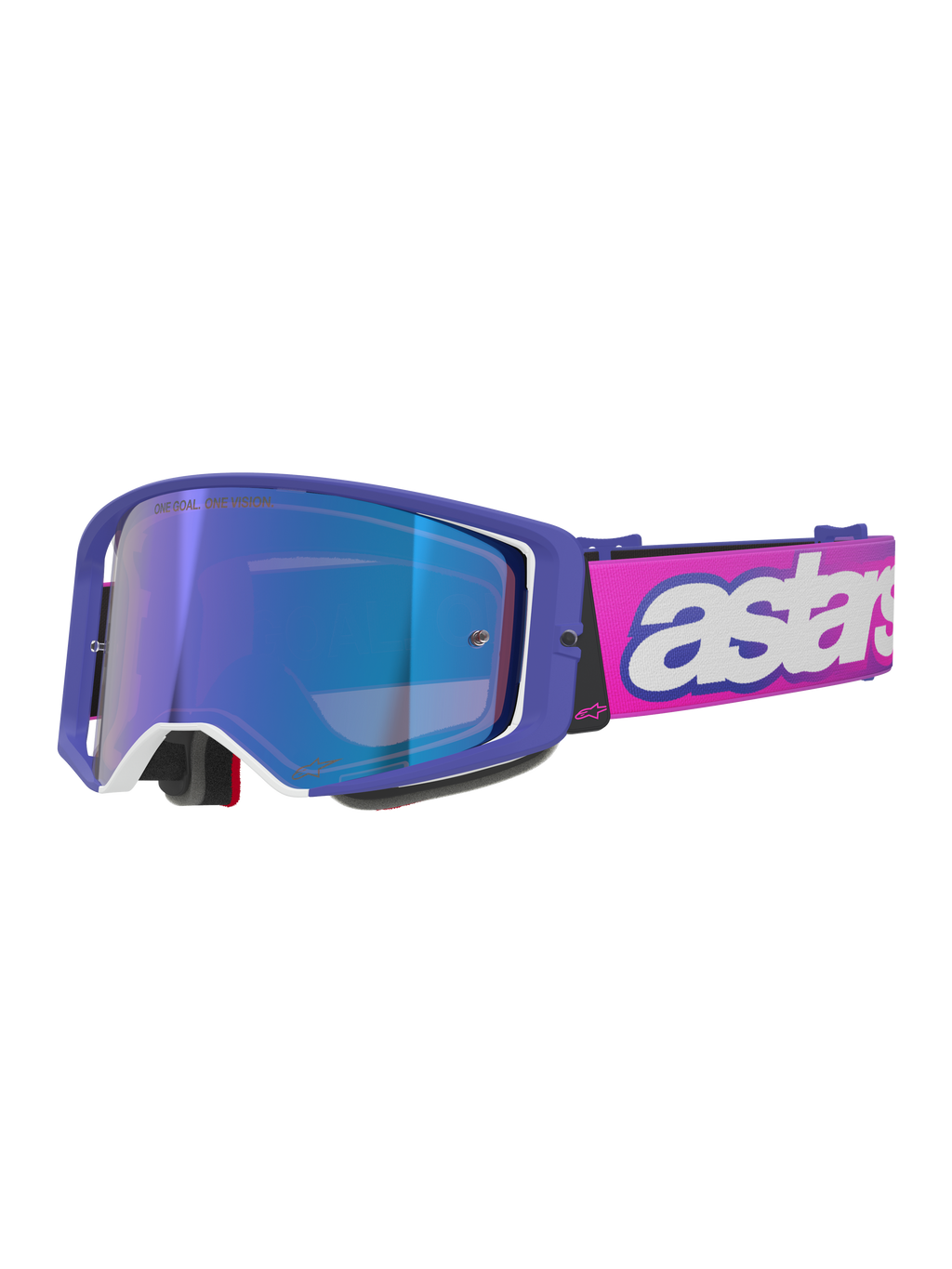 Masque Alpinestars Supertech Vision Vista, masque de motocross, monture violette avec accents blancs et écran miroir bleu, bandeau rose fluo avec logo 'astars' blanc, lunettes de course tout-terrain professionnelles