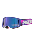 Masque Alpinestars Supertech Vision Vista, masque de motocross, monture violette avec accents blancs et écran miroir bleu, bandeau rose fluo avec logo 'astars' blanc, lunettes de course tout-terrain professionnelles