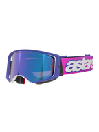 Masque Alpinestars Supertech Vision Vista, masque de motocross, monture violette avec accents blancs et écran miroir bleu, bandeau rose fluo avec logo 'astars' blanc, lunettes de course tout-terrain professionnelles