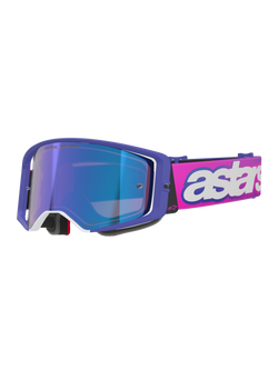 Alpinestars Supertech Vision Vista Goggles, Motocross Goggles, Purple frame with white accents and blue mirror lens, fluo pink strap with bold white 'astars' branding, professional off-road racing eyewear