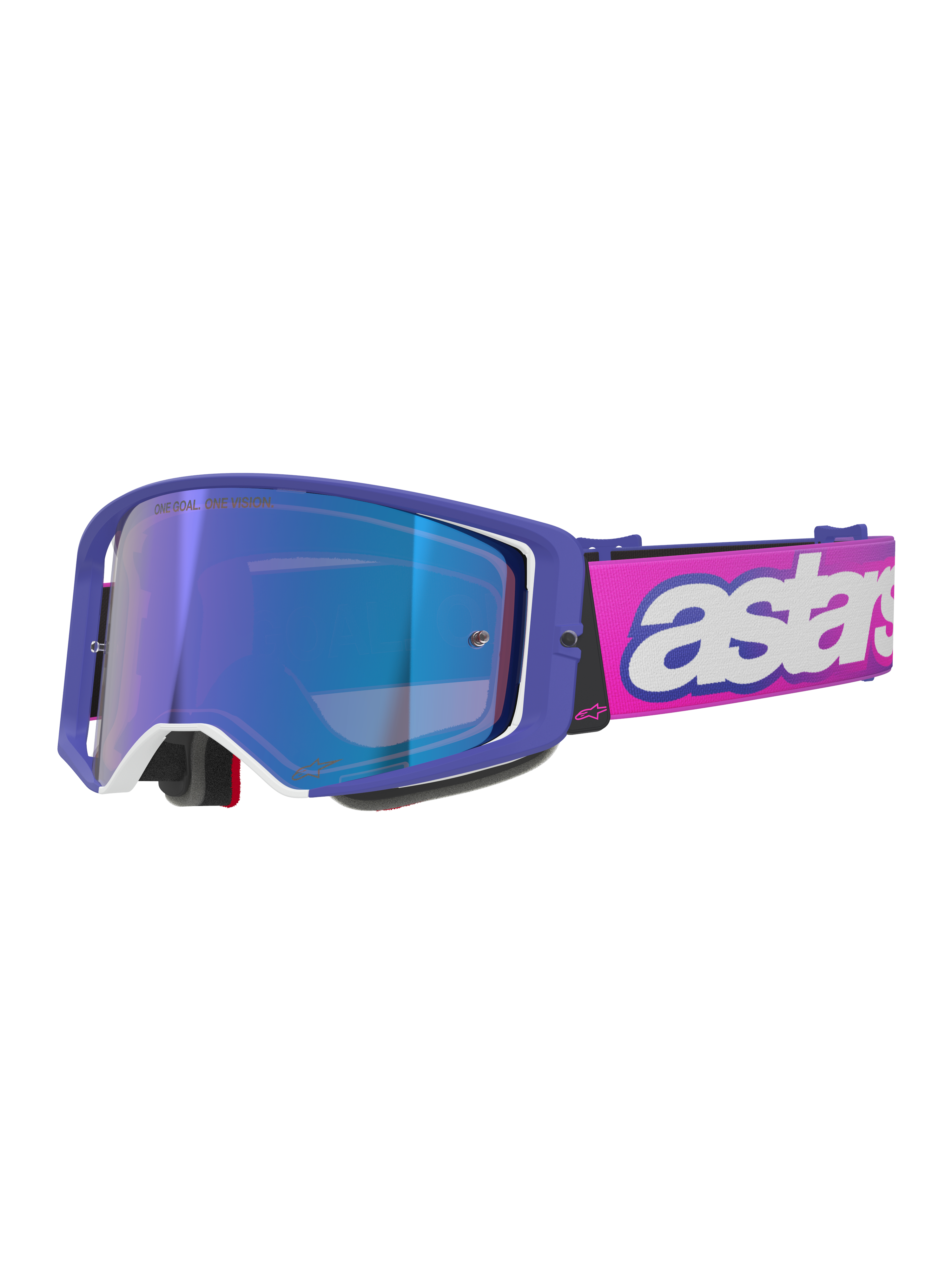 Alpinestars Supertech Vision Vista Goggles, Motocross Goggles, Purple frame with white accents and blue mirror lens, fluo pink strap with bold white 'astars' branding, professional off-road racing eyewear