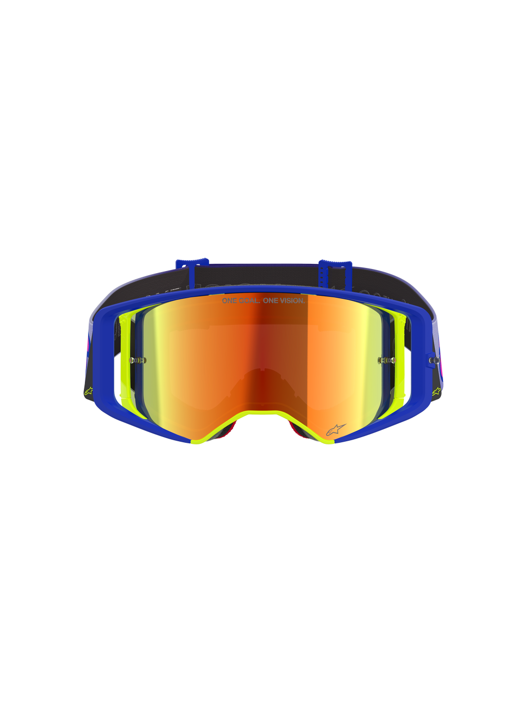 Alpinestars Supertech Vision Vista Goggles, Motocross Goggles, Blue and Yellow frame with a Mirror Red tinted lens, featuring purple and orange reflections, 'ONE GOAL. ONE VISION.' text on the lens, professional high-performance off-road eyewear
