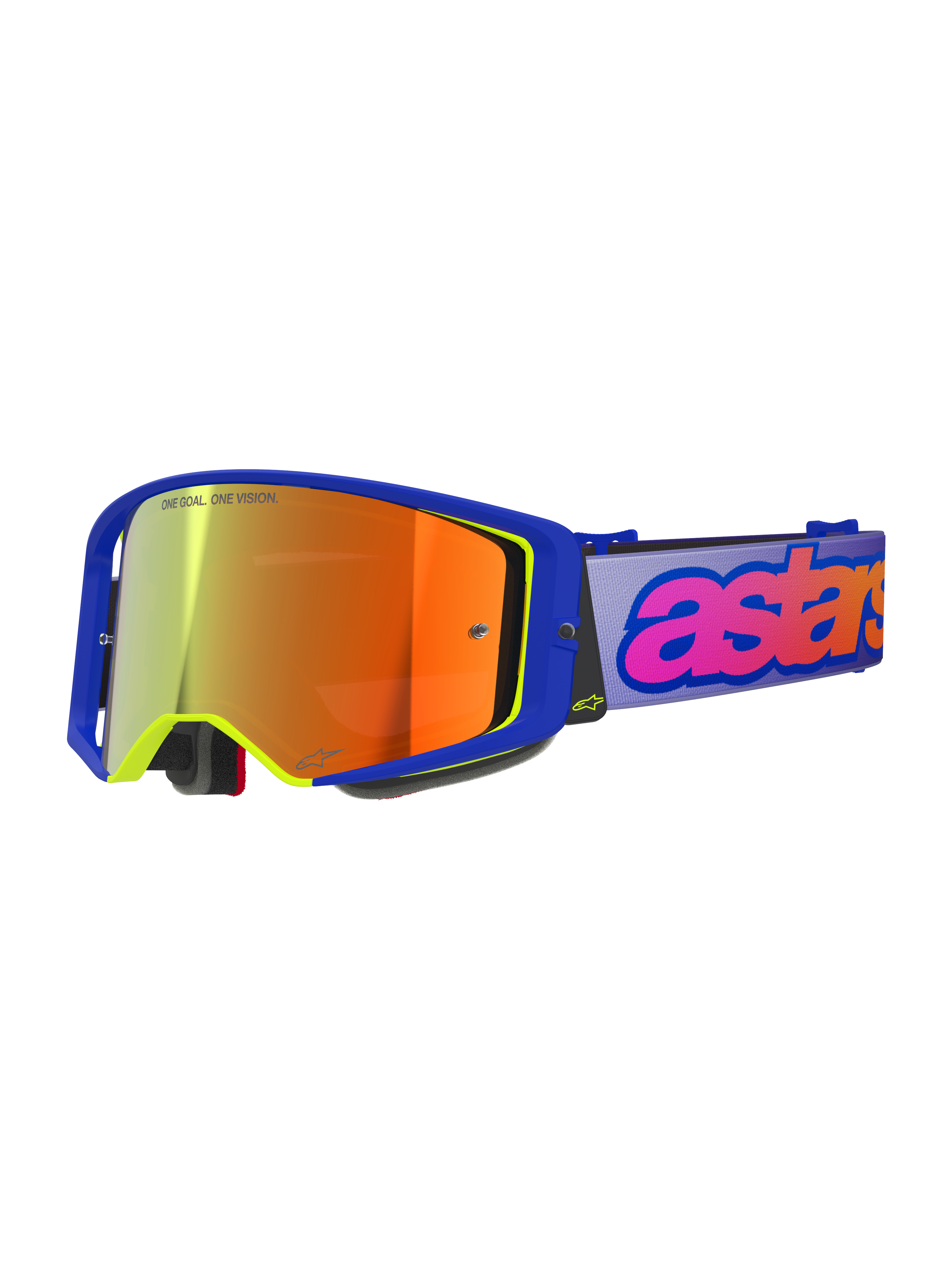 Alpinestars Supertech Vision Vista Goggles, lunettes de motocross, monture bleue avec accents jaune fluo, écran miroir orange-rouge, sangle violet clair avec logo 'astars' rose et orange, inscription 'ONE GOAL. ONE VISION.' sur l'écran