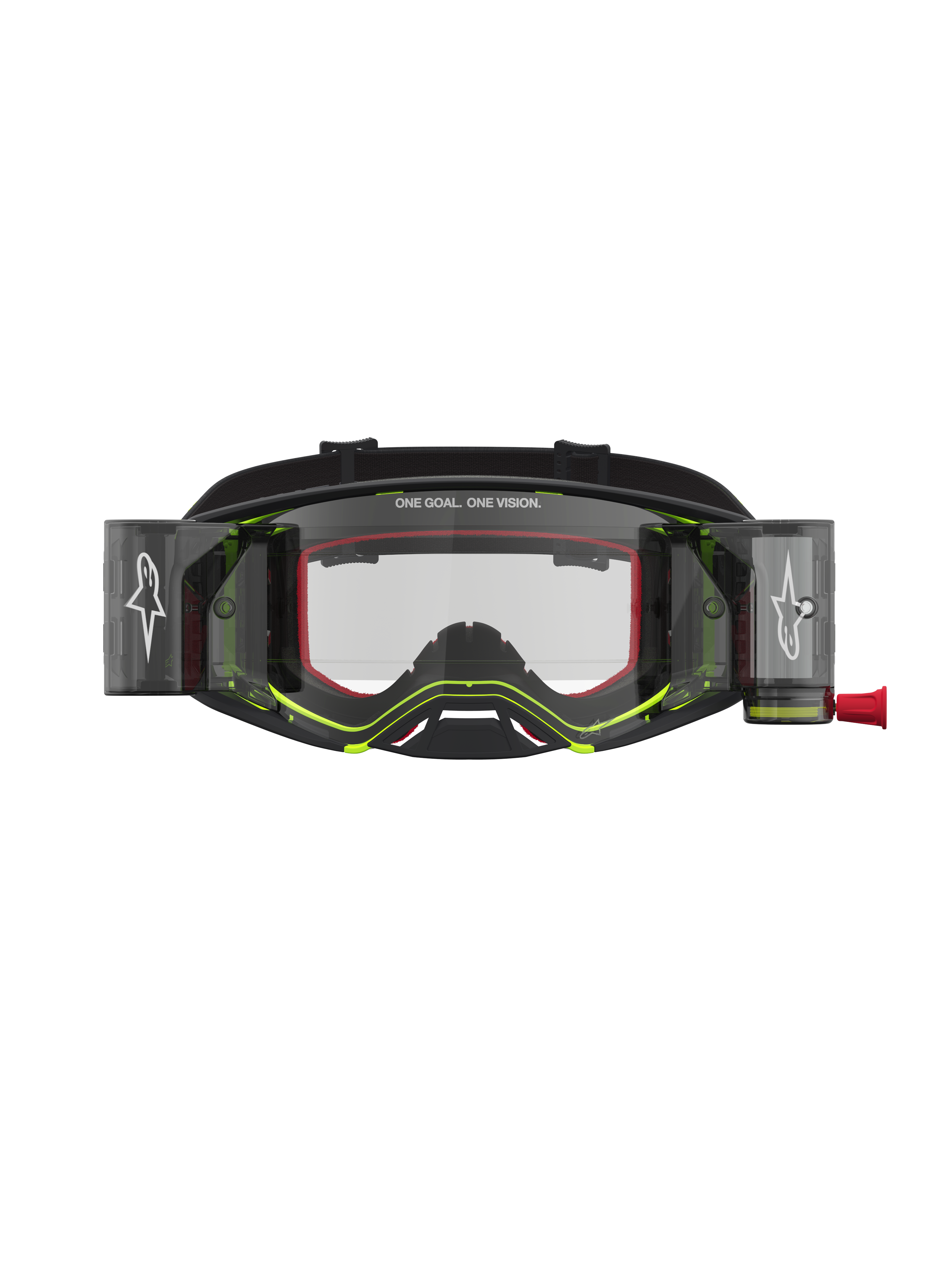 Alpinestars Supertech Firma Roll Off Goggles, black and yellow fluo motocross eyewear with clear protective lens.