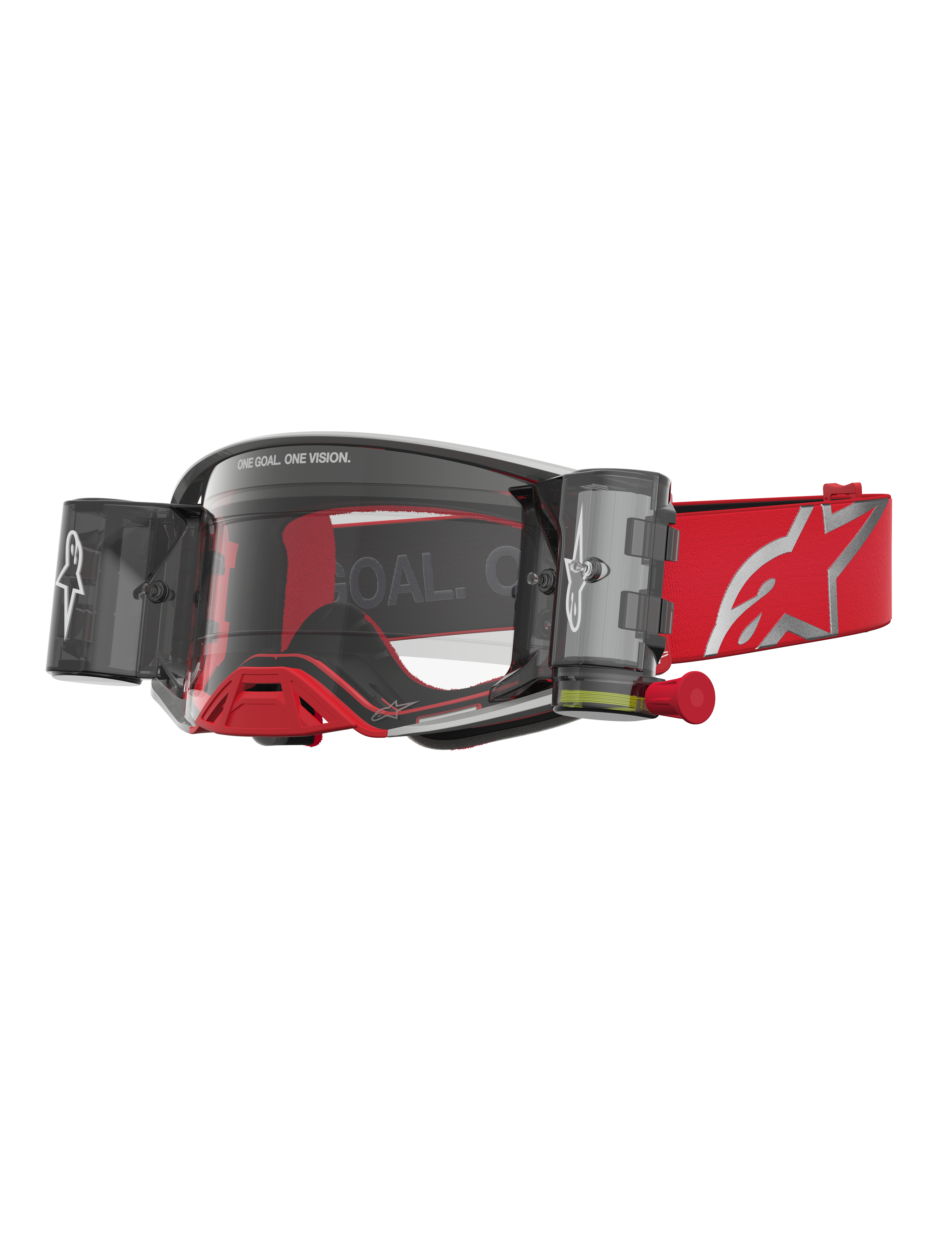 Alpinestars masque Supertech Firma Roll Off, masque de motocross rouge et argenté, système Roll-Off avec lentilles claires.