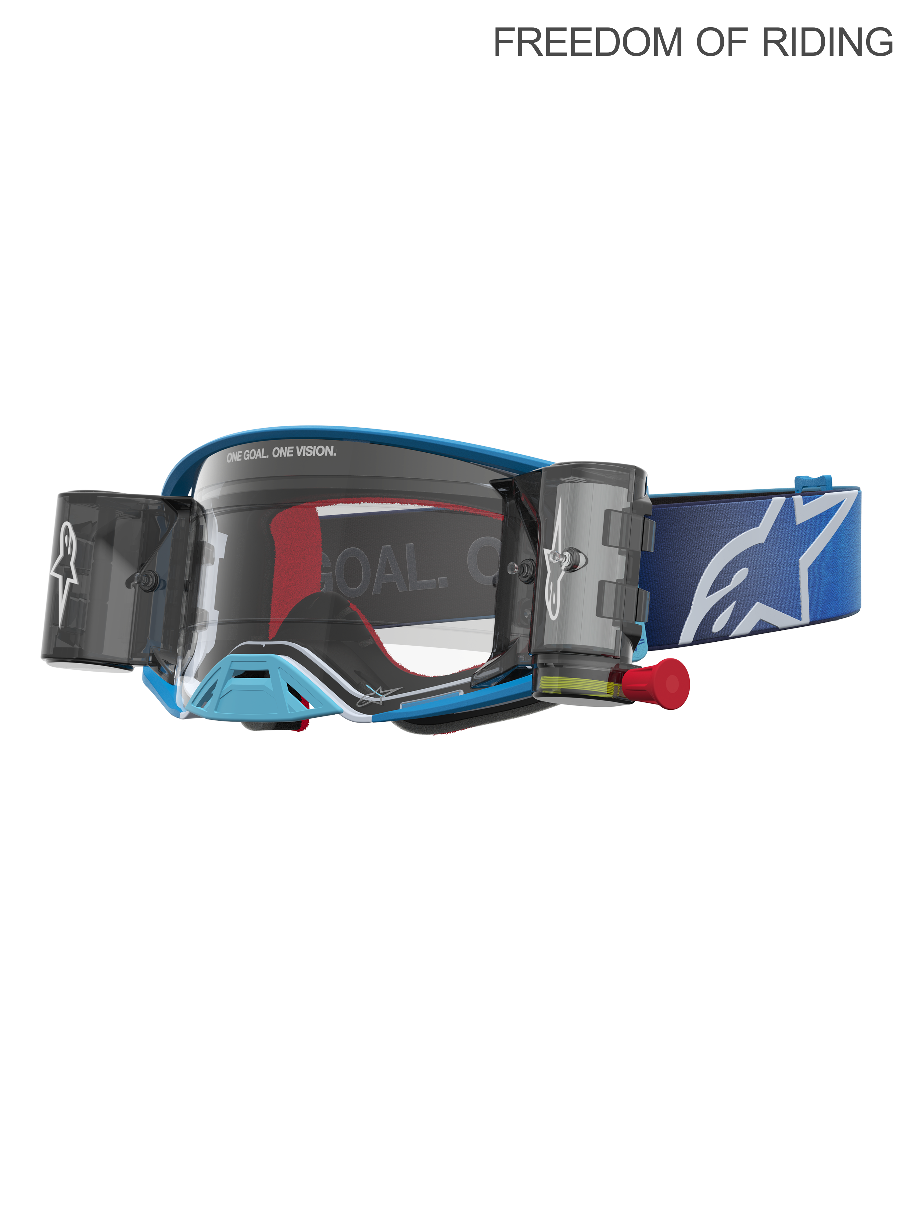 Alpinestars Masque Supertech Firma Roll Off, masque de motocross et tout-terrain unisexe, bleu et argenté, avec système Roll-Off intégré, écran haute clarté en polycarbonate et sangle ajustable bleue avec logo blanc.