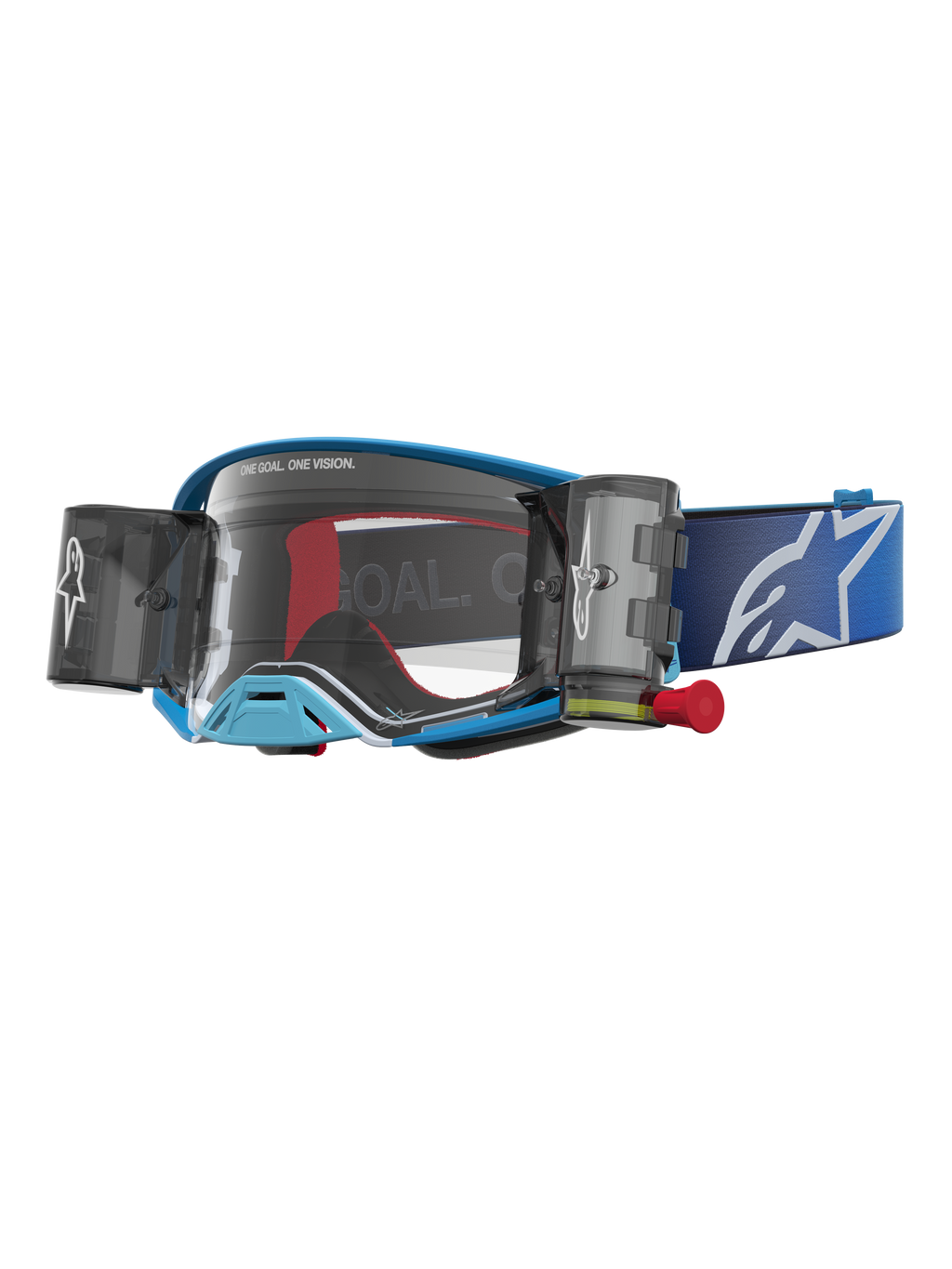 Alpinestars Masque Supertech Firma Roll Off, masque de motocross bleu et gris avec système roll-off et lentille claire.