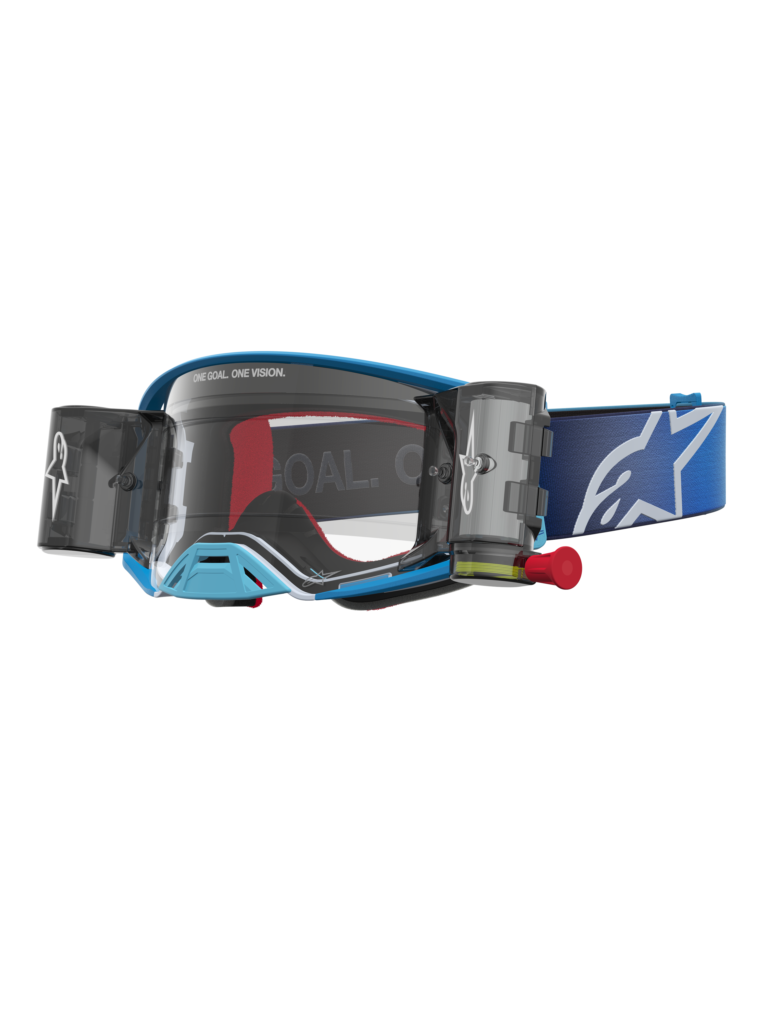 Alpinestars Masque Supertech Firma Roll Off, masque de motocross bleu et gris avec système roll-off et lentille claire.