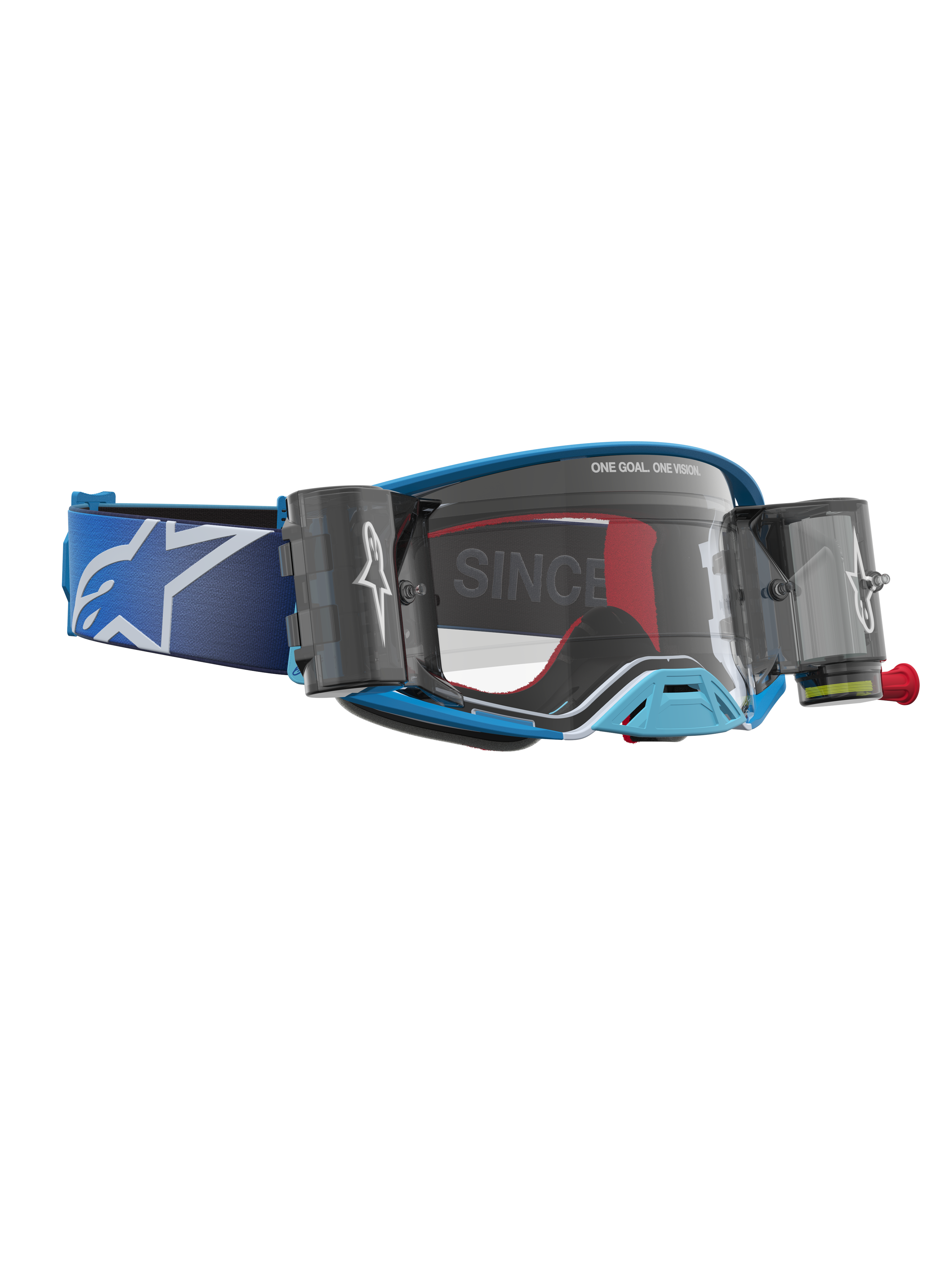 Alpinestars Masque Supertech Firma Roll Off, masque de motocross bleu et argenté avec écran clair et système roll-off