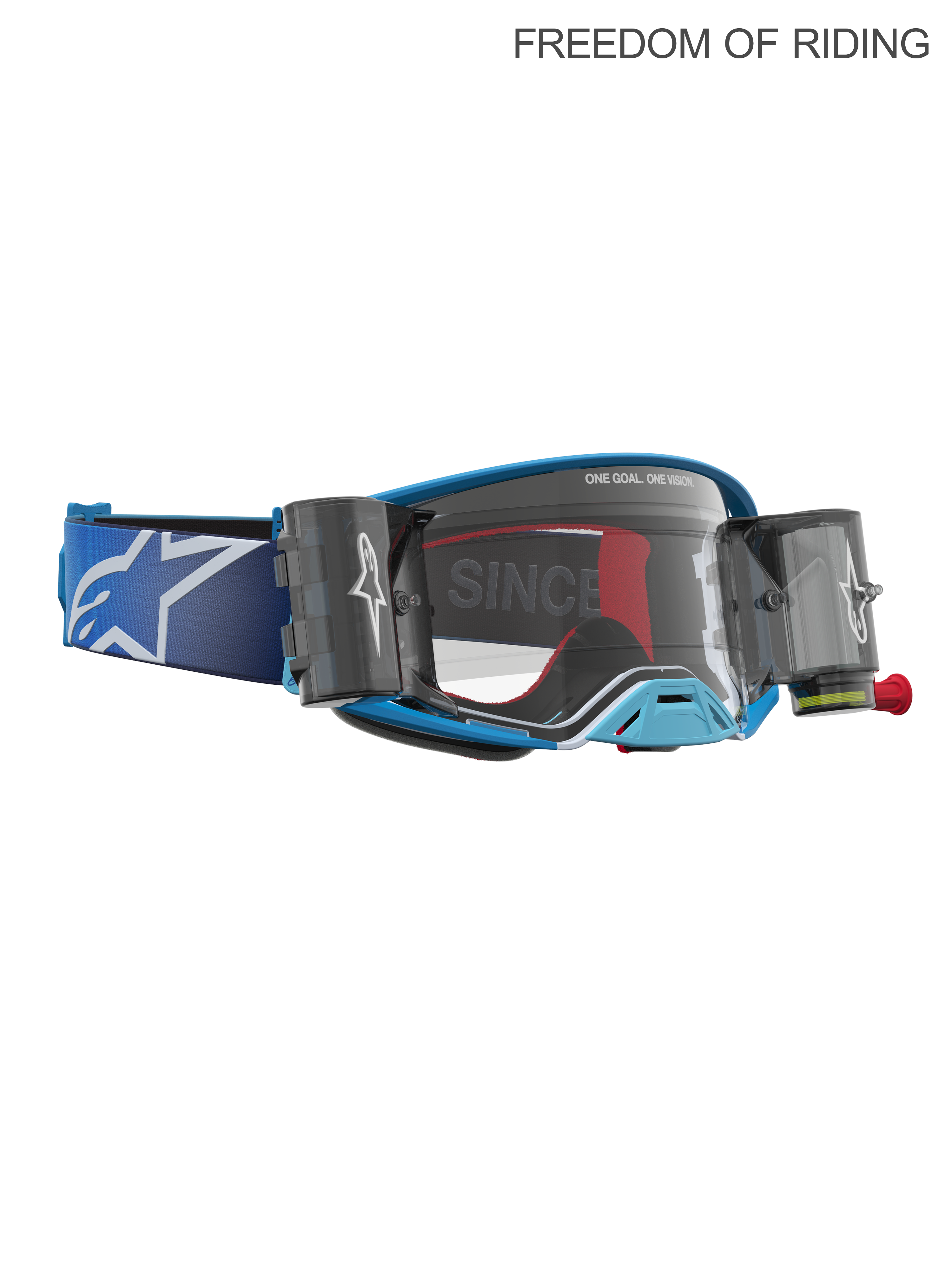 Alpinestars Supertech Firma Roll Off Goggles, Motocross and Off-Road Racing Goggles, Unisex, Blue and Silver with Clear Lens, featuring integrated roll-off canisters for vision clarity in mud and dust.