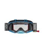 Masque Alpinestars Supertech Firma Roll Off bleu et argent, équipement de motocross avec système roll-off intégré.