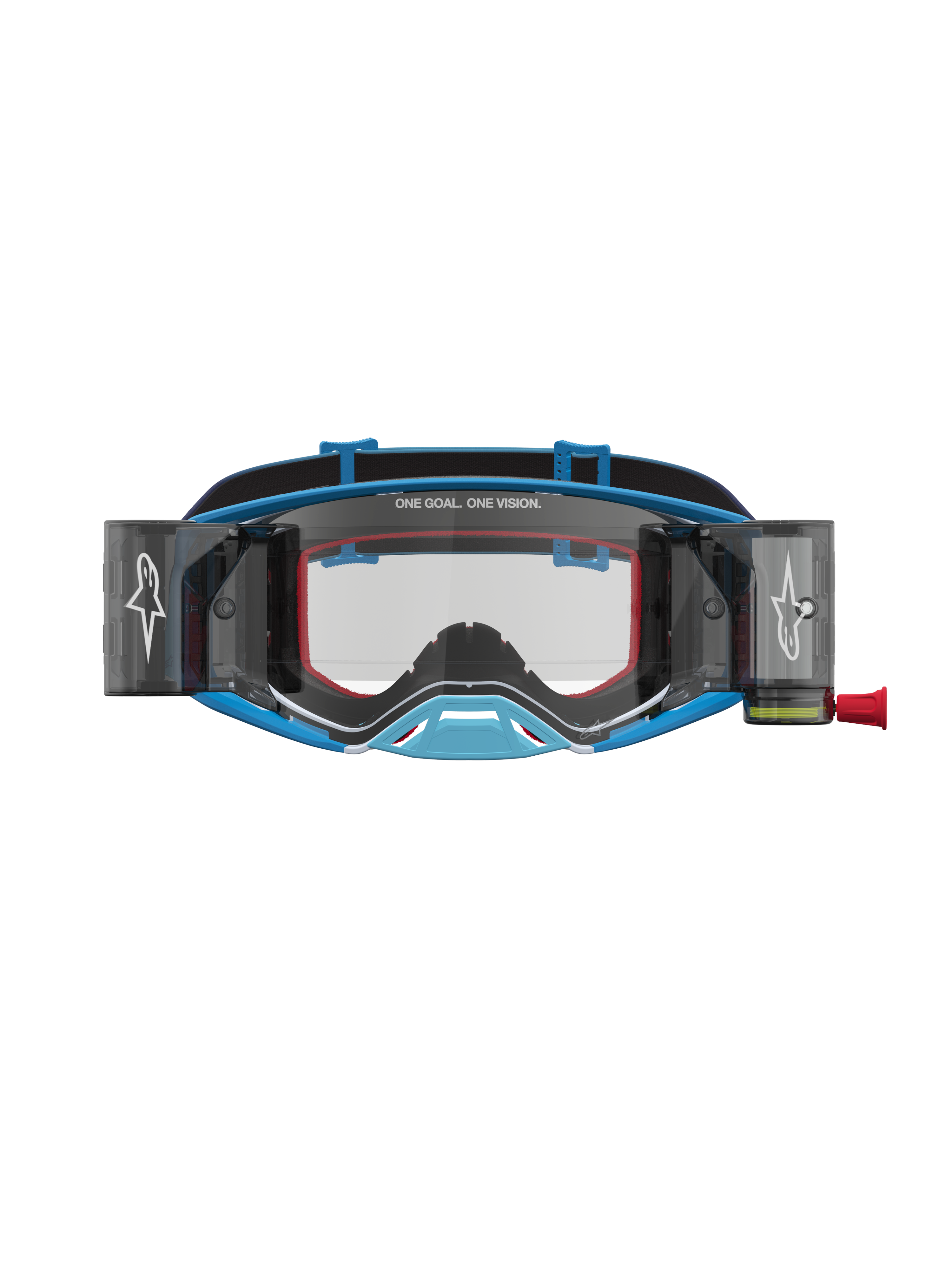 Masque Alpinestars Supertech Firma Roll Off bleu et argent, équipement de motocross avec système roll-off intégré.