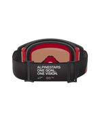 Lunettes Alpinestars Supertech Corp Absolute Vision, vue arrière, noir et rouge, avec le texte blanc « ALPINESTARS ONE GOAL. ONE VISION. » sur une large sangle noire, accents rouges sur la monture intérieure, lunettes de motocross professionnelles